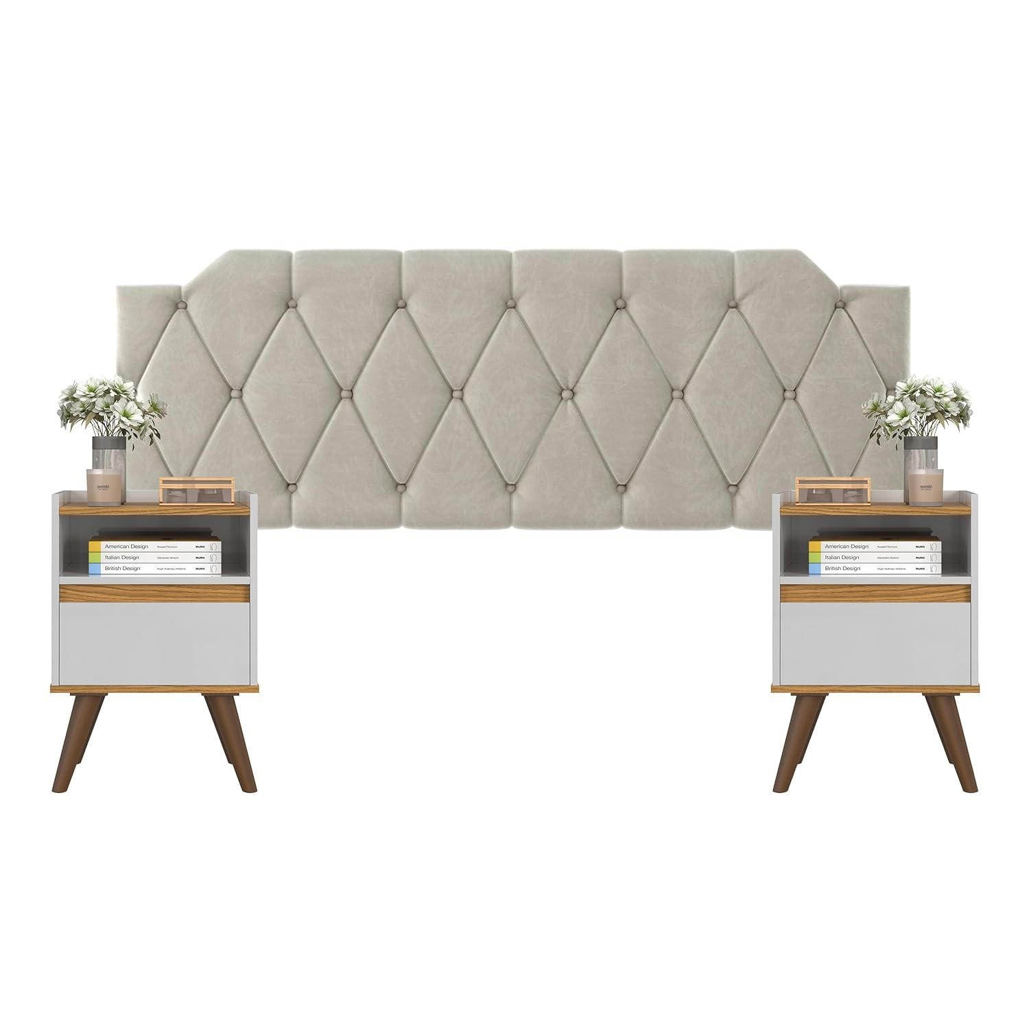 Conjunto Mesa de Cabeceira + Cabeceira Estofada Box para Cama Queen Size Areia
