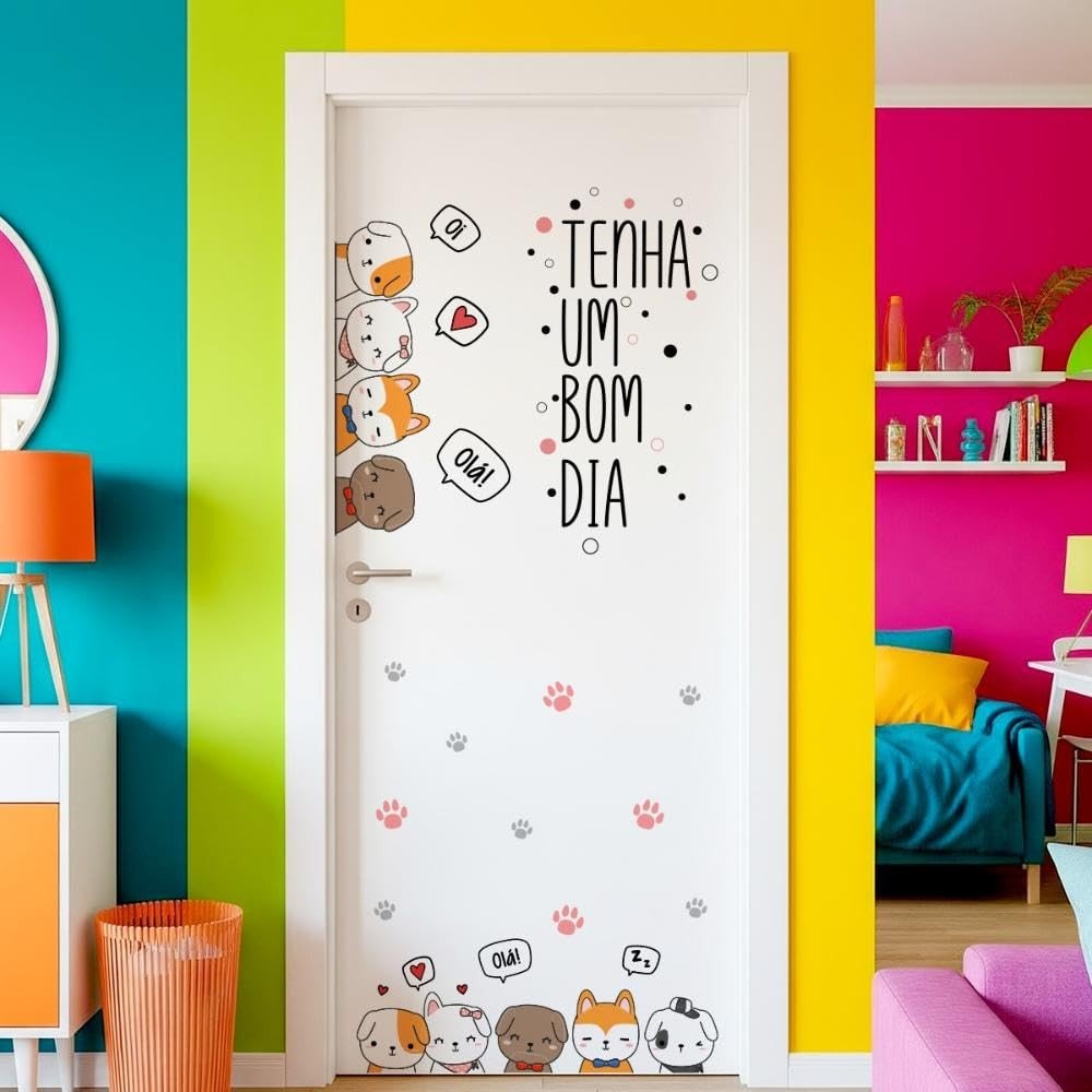 Adesivo Porta Infantil Cachorros - Frase 'Bom Dia Cães Fofos' com Patinhas | Decoração para Quarto de Menina e Menino