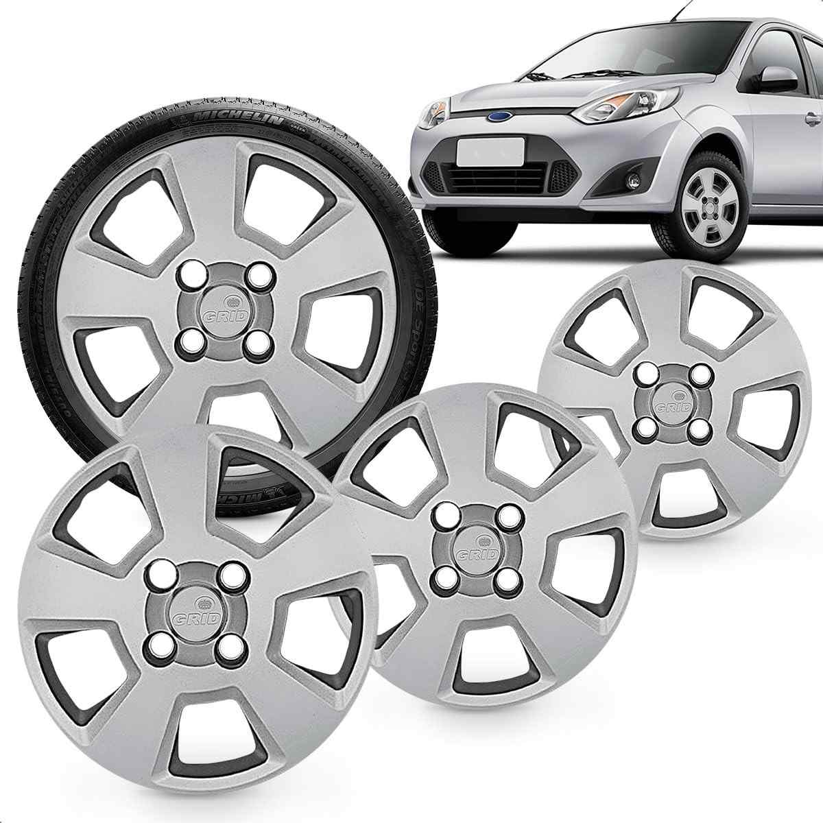 Kit 4 Calotas Aro 14 Fiesta Hatch 08-12 Prata Cubo Baixo Grid - Design e Proteção