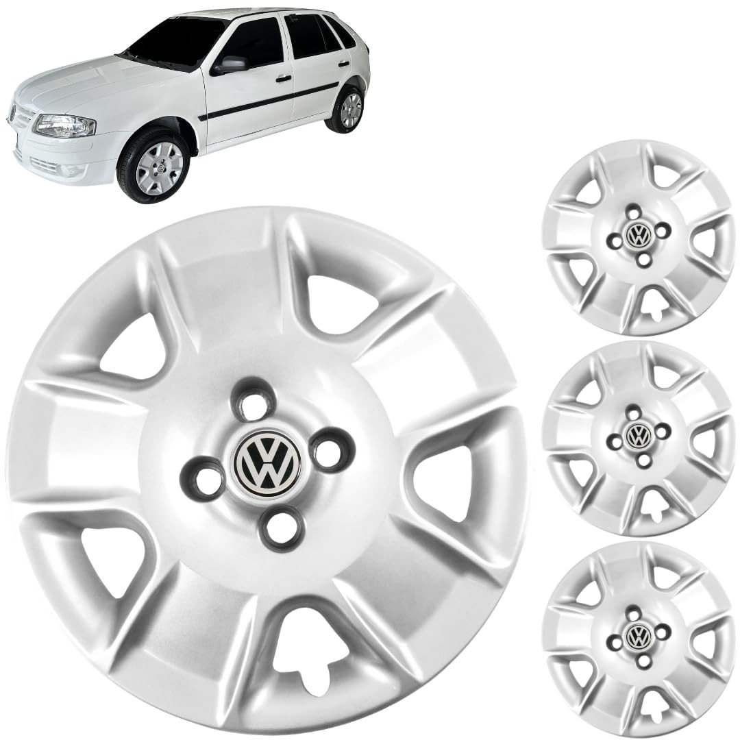 Jogo 4 Calotas Aro 14 VW Gol, Parati e Saveiro G3/G4 (2000-2014) - Design Grid GR067CA com Adesivo Logo Resinado