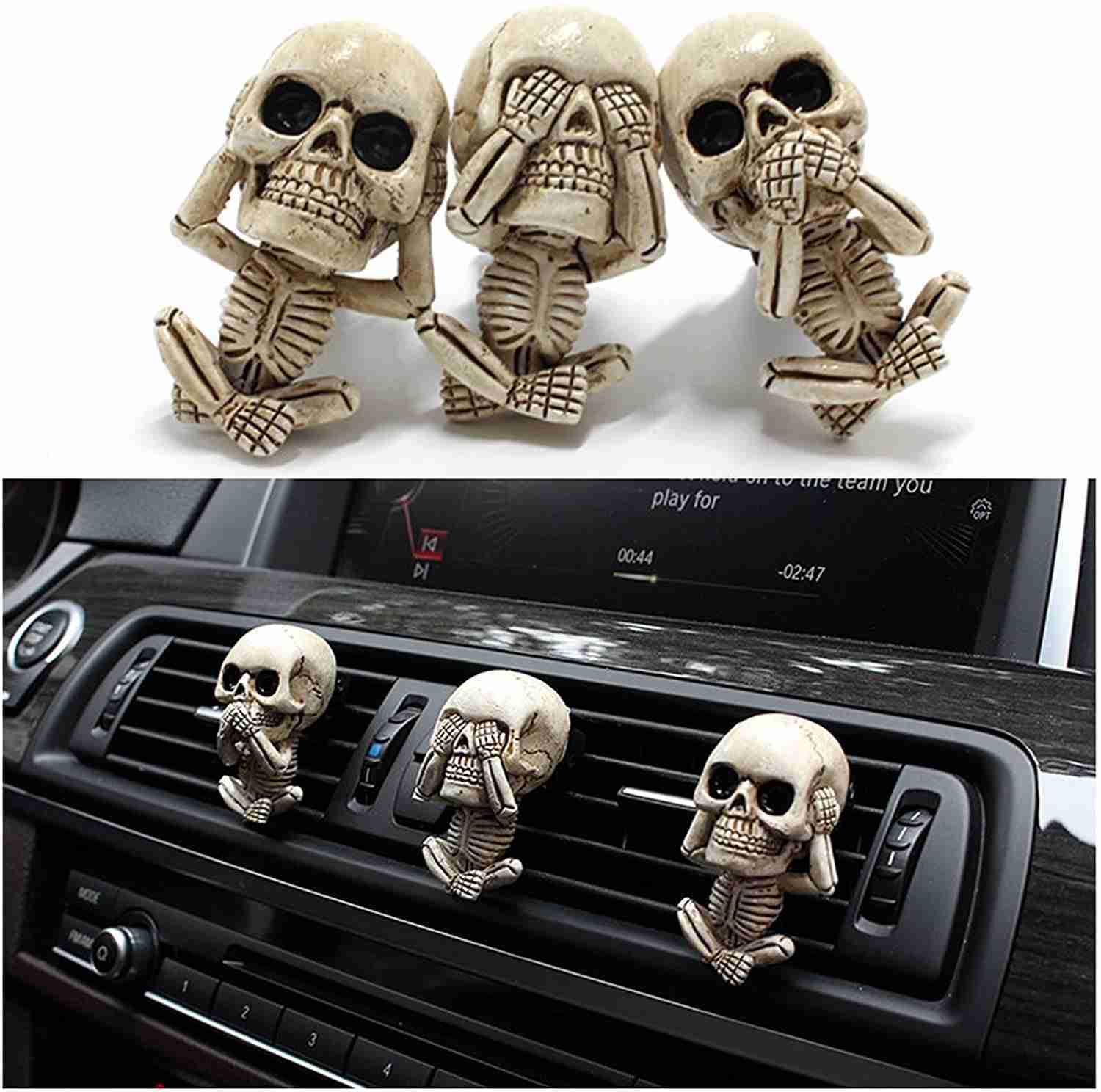 Kit 3 Caveiras Decorativas para Saída de Ar do Carro - Estilo Gótico e Dia das Bruxas