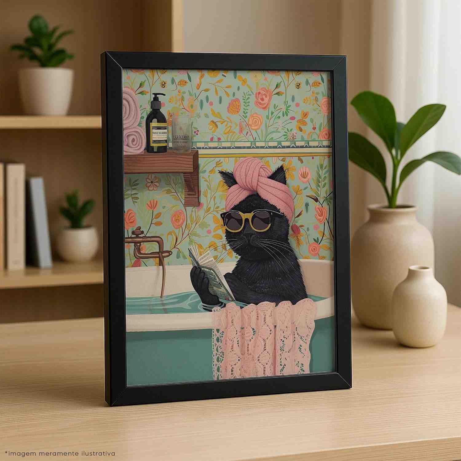 Quadro Decorativo Gato na Banheira - Estilo Vintage com Moldura Preta 30x40 cm