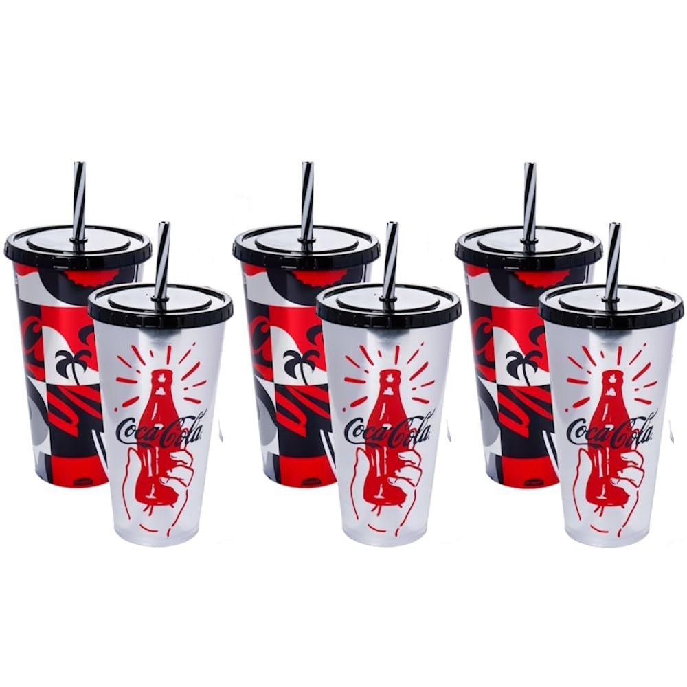 Kit com 3 Copos Coca-Cola 700ml Estampado com Tampa e Canudo - Original