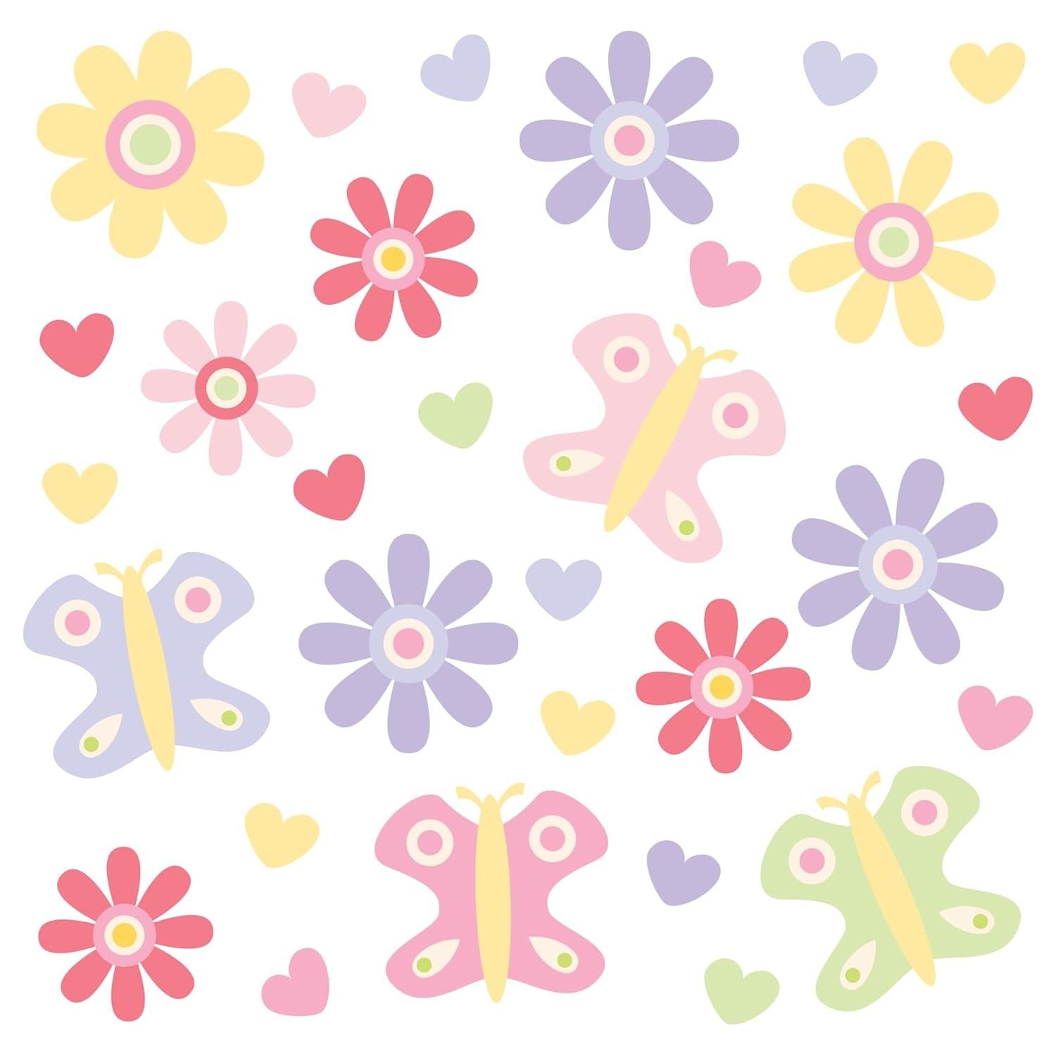 Adesivo de Parede Flores e Borboletas com Corações - Kit 56 Unidades para Decoração Infantil