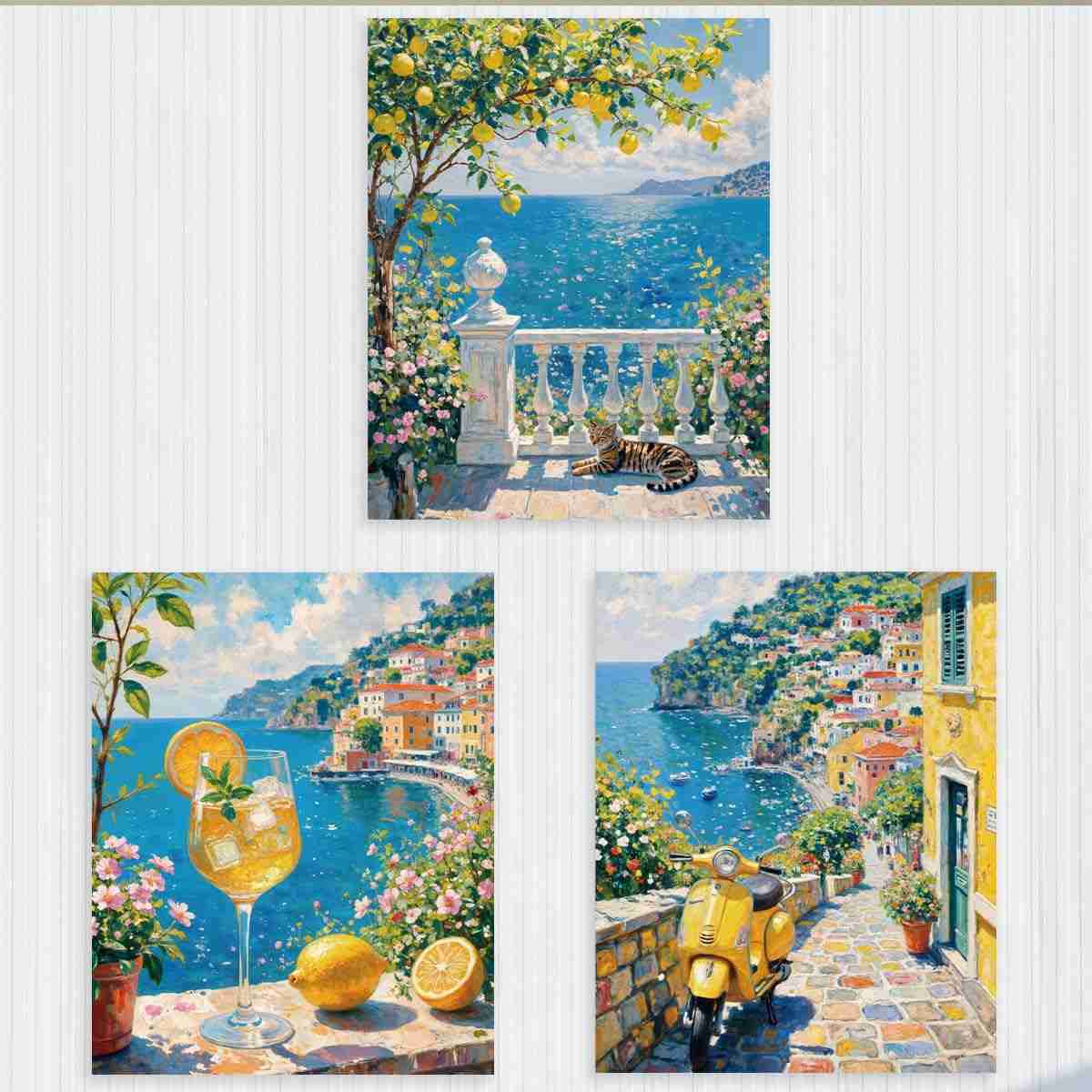 Arte de Parede Costa Italiana com Tema de Limão - 3 Pôsteres Decorativos para Cozinha, Banheiro e Quarto