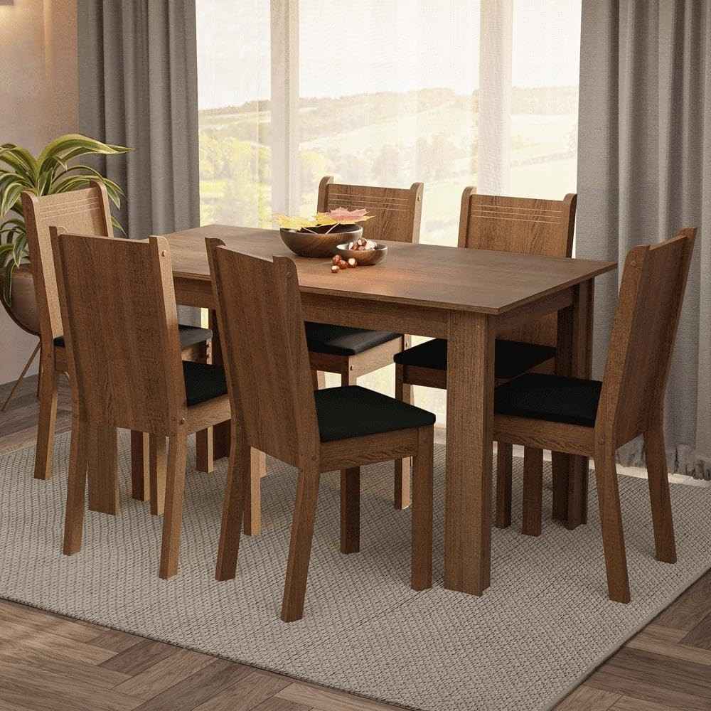 Conjunto de Sala de Jantar Analu Madesa - Mesa com Tampo de Madeira e 6 Cadeiras Rustic/Preto
