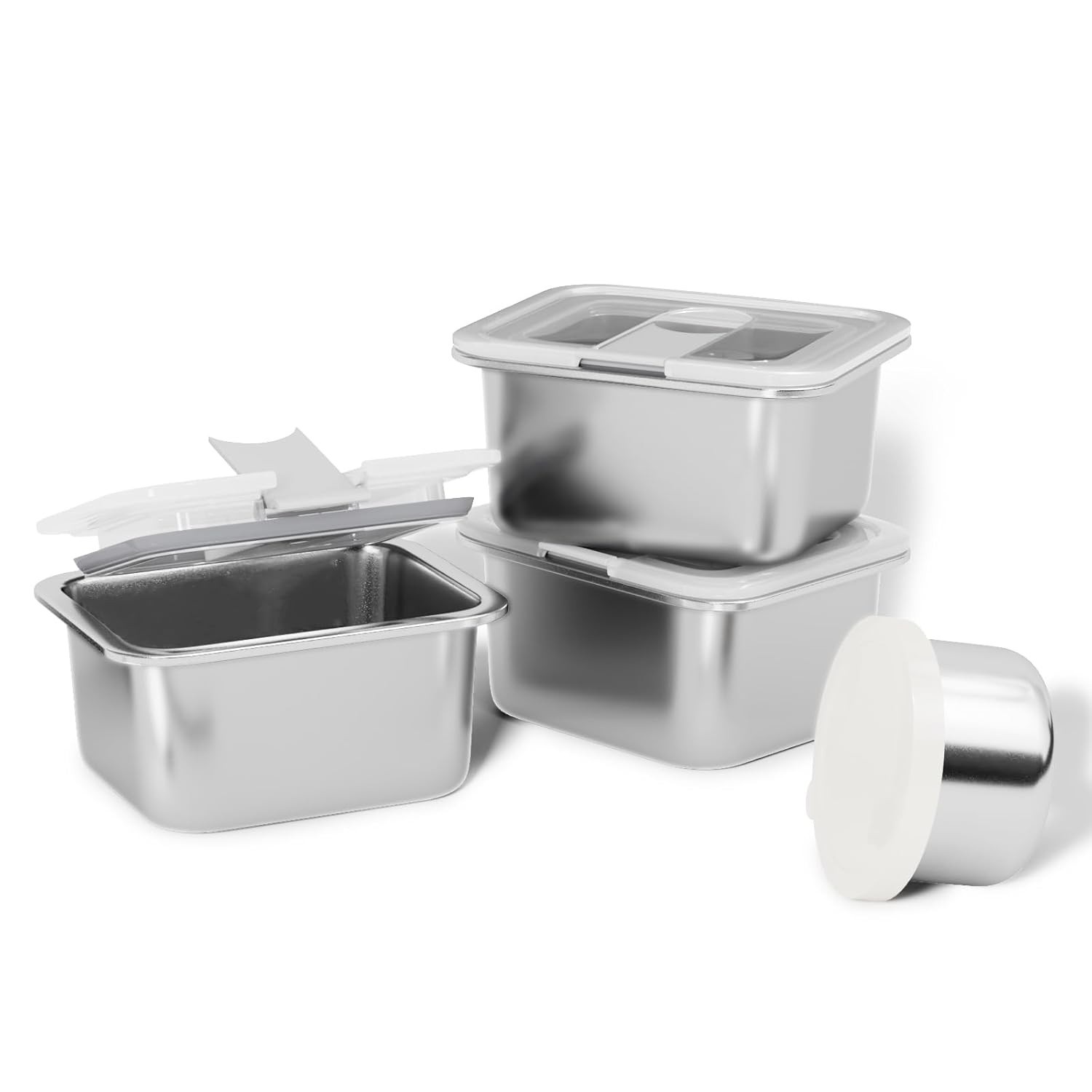 Bakpoco Recipientes para Lanche de Aço Inoxidável 304 - Pacote com 3 + Recipiente de Molho | Seguro para Micro-ondas, à Prova de Vazamento