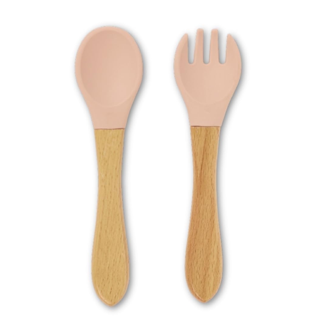 Kit Talheres Infantis Silicone com Cabo de Bambu - Garfo e Colher Seguros para Bebês