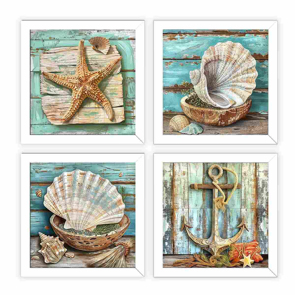 Kit 4 Quadros Decorativos de Praia e Oceano com Vidro - Decoração Marítima Elegante para Banheiro e Ambientes