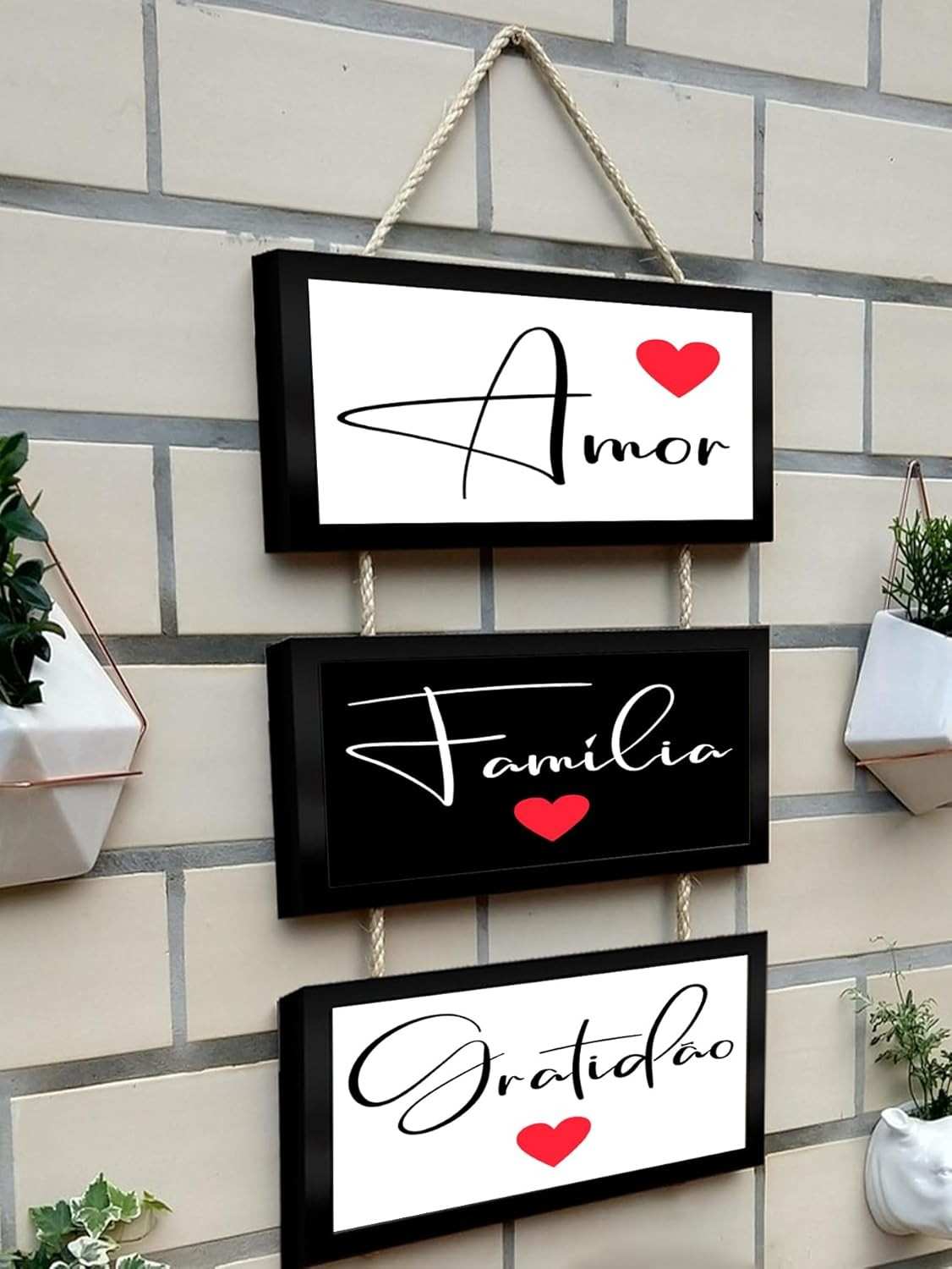 Kit 3 Quadros Decorativos com Frases Inspiradoras em Português | Molduras Pretas e Cordas