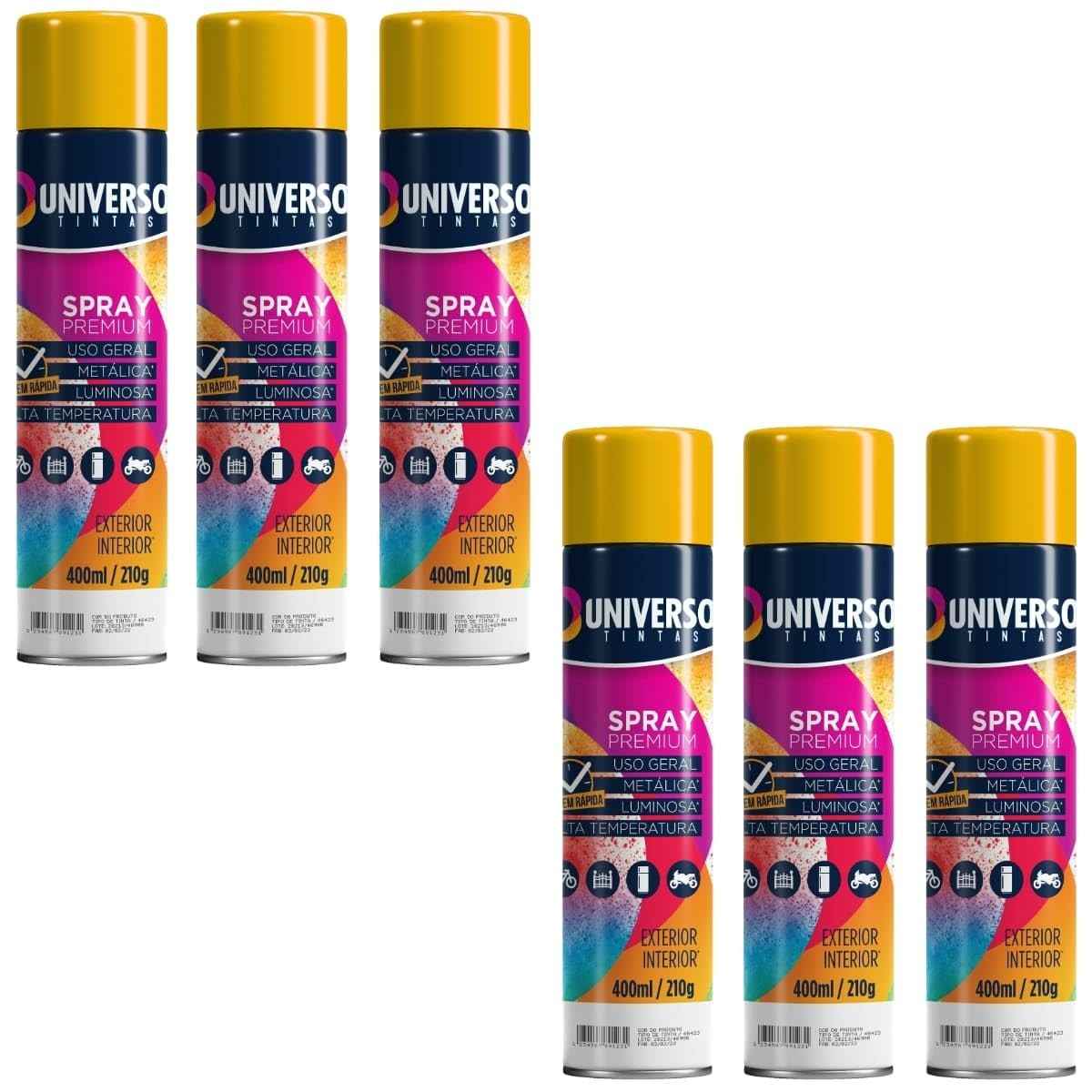 Tinta Spray 400ml Amarelo Uso Geral em Aço Ferro Couro Gesso Cerâmica | Universo | Kit 06 un