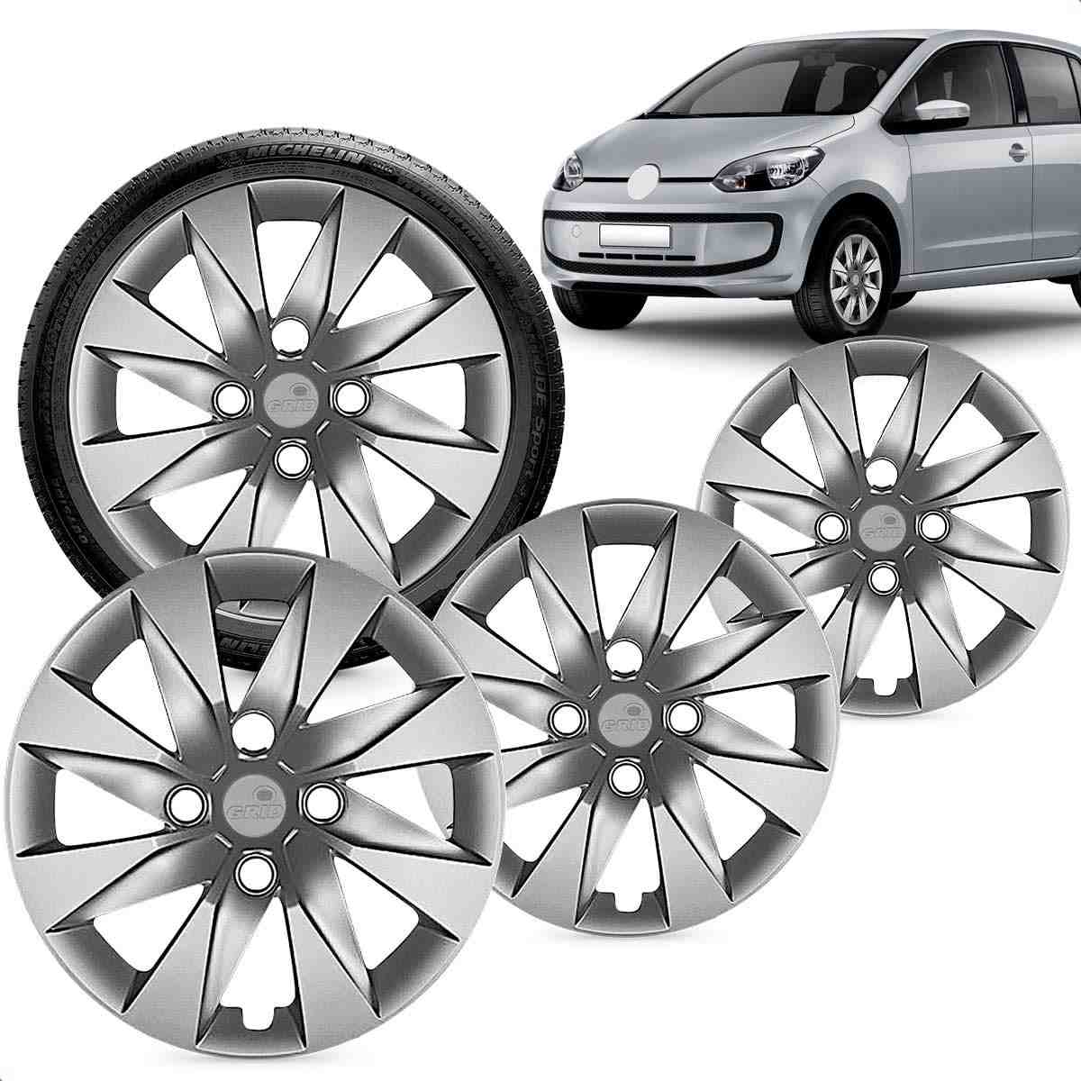Kit 4 Calotas Aro 13 Prata Grid para VW Up! 2015 - Cubo Baixo e Fixação por Parafusos