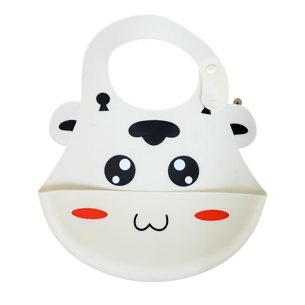 Babador de Silicone Infantil com Design de Vaquinha Pega Migalhas Branco