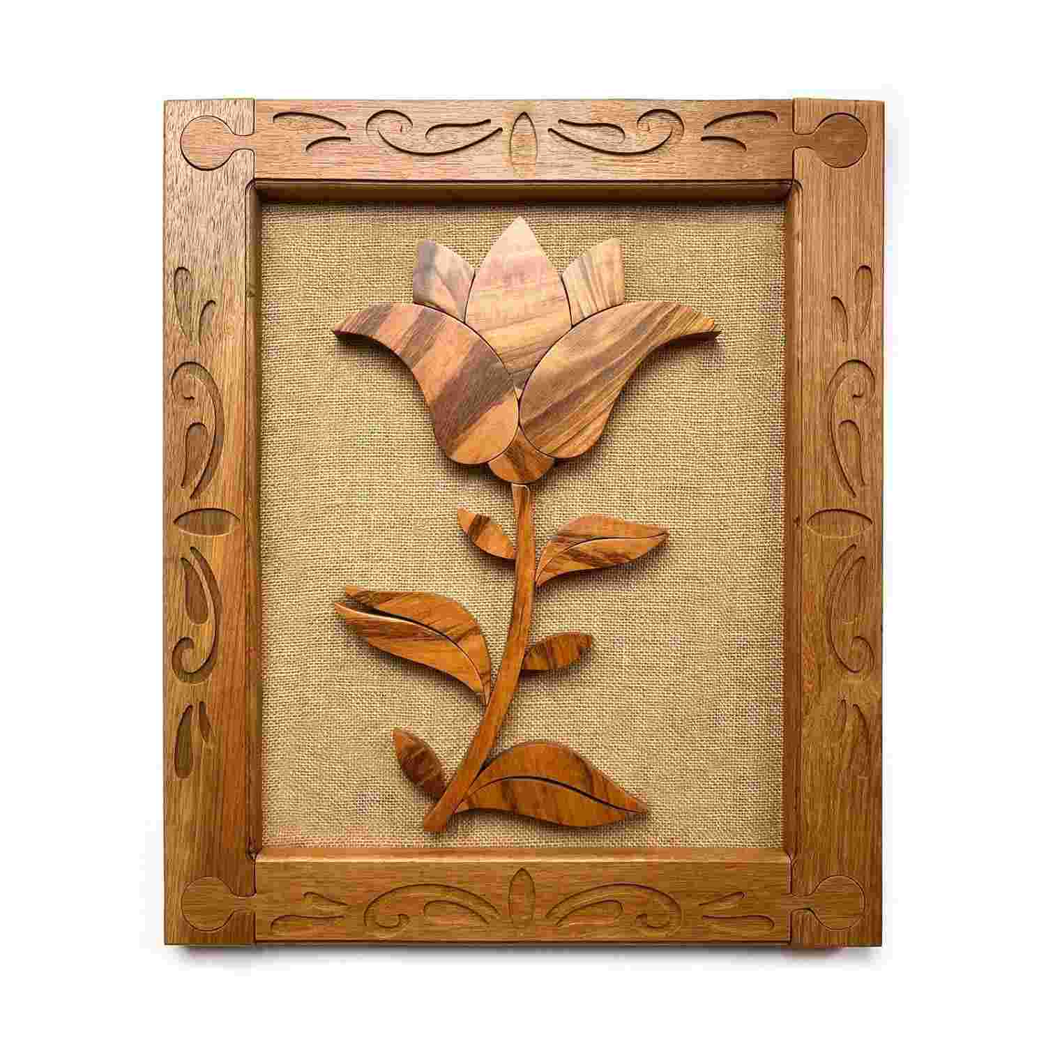 Quadro Decorativo Artesanal em Madeira Maciça com Flor de Lótus 64x54cm - Elegância Natural para Ambientes Sofisticados