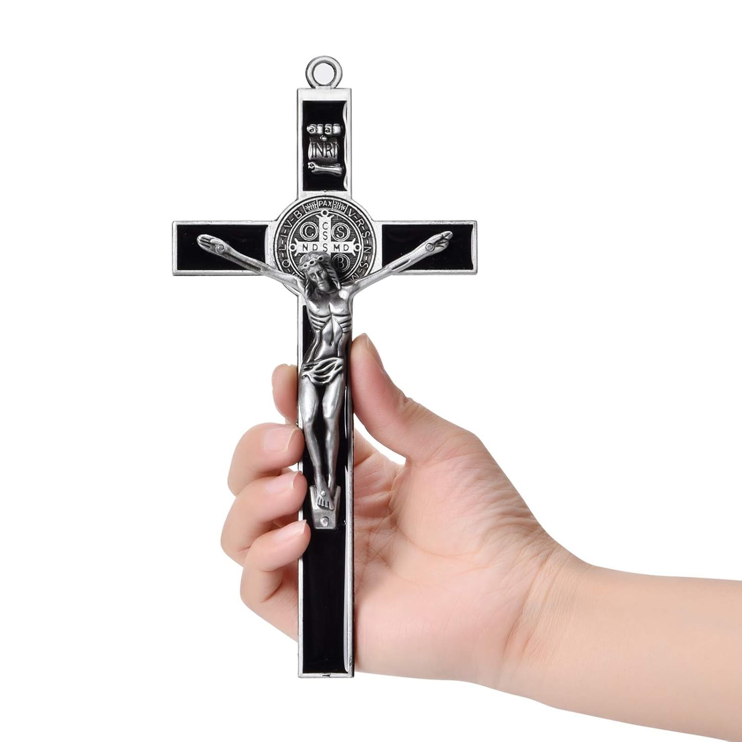 Cruz de Parede de Crucifixo Esmaltado Preto com Medalha de São Bento - 18cm | Proteção Espiritual e Decoração Sagrada
