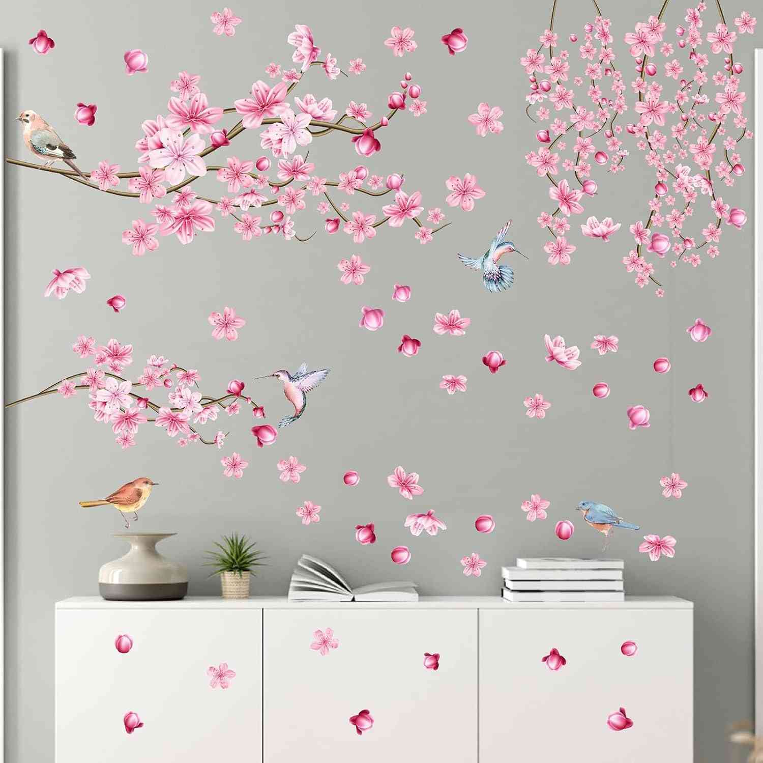 Adesivos de Parede Flor de Cerejeira Rosa - Decalques Aquarela para Quarto de Meninas