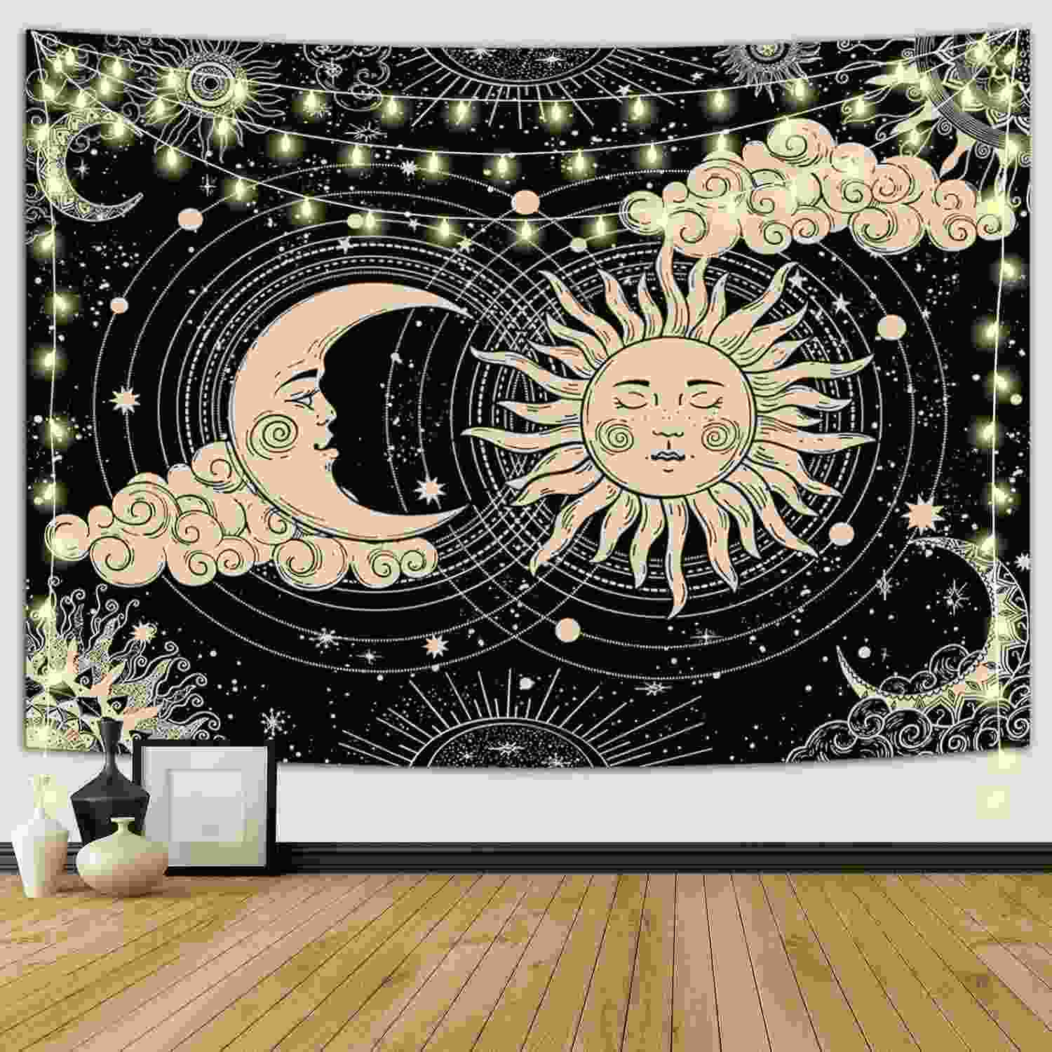 Tapeçaria Sol e Lua - Decoração Espiritual Mística para Quarto e Sala (76x101cm)