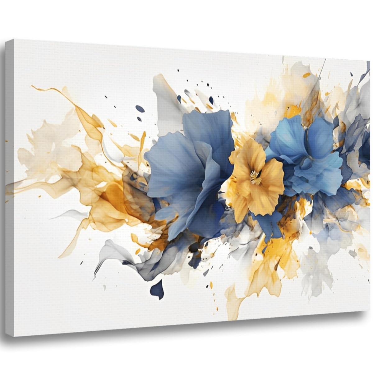 Quadro Decorativo Canvas Flores Abstratas Azul e Dourado | Impressão 4K Ultra HD