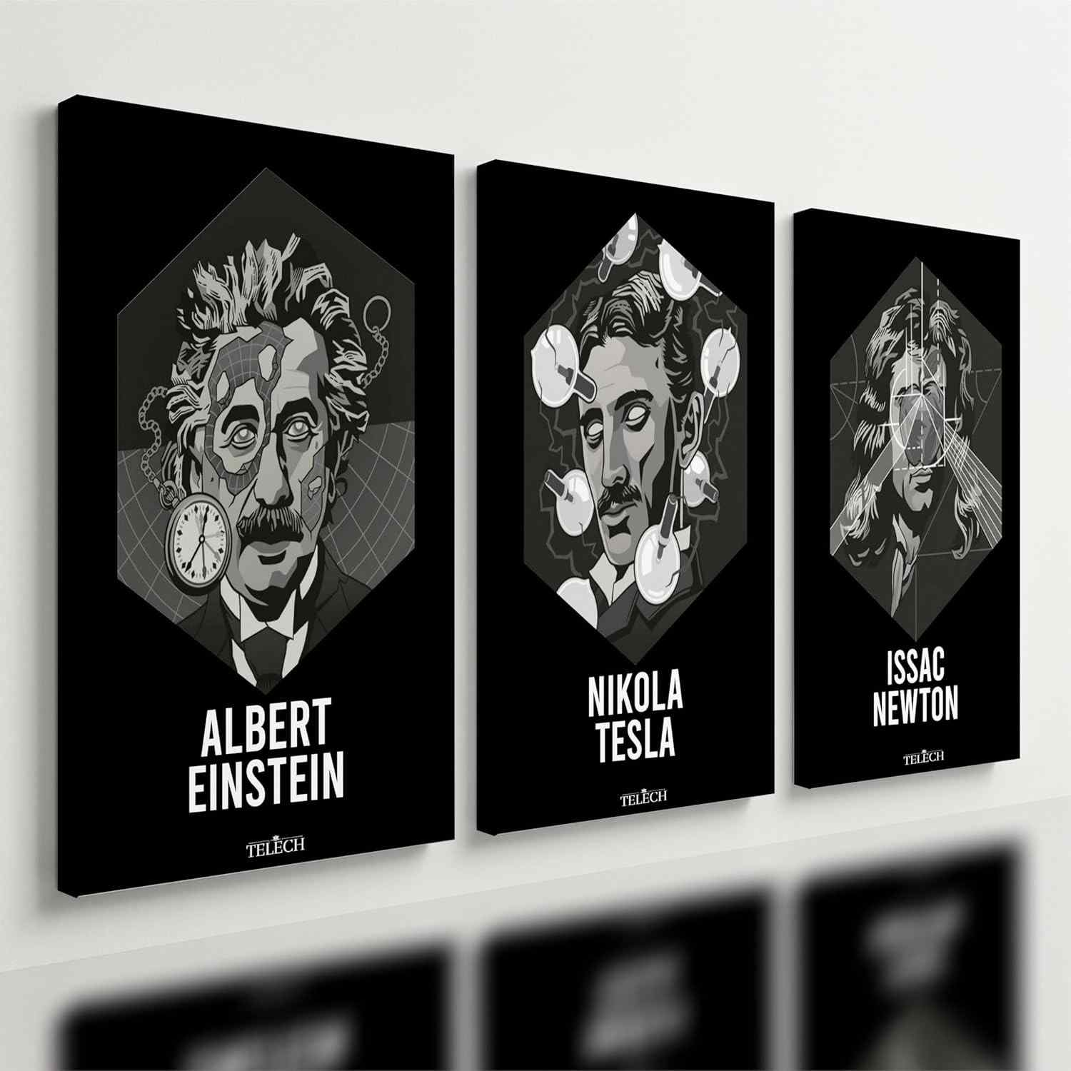 Kit 3 Quadros Decorativos Física Einstein Tesla Newton - Design Científico Moderno (40x28cm)