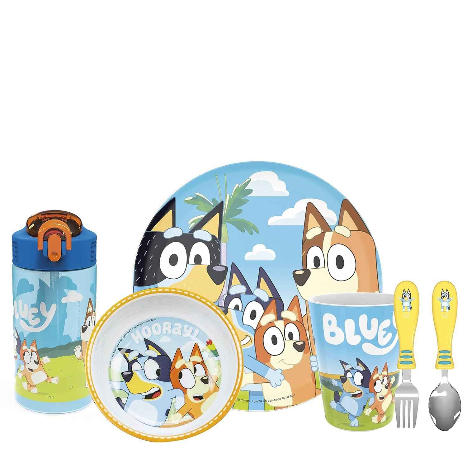 Conjunto de Louça Bluey Kids Zak Designs - 6 Peças com Prato, Tigela, Copo, Garrafa e Talheres | Azul, Sem BPA, Lavável na Lava-Louças