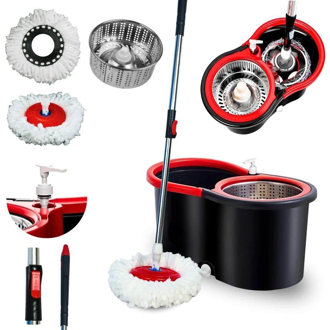 Mop Giratório com Cesto em Inox, 2 Refis de Microfibra e Dispenser para Sabão - NYBC