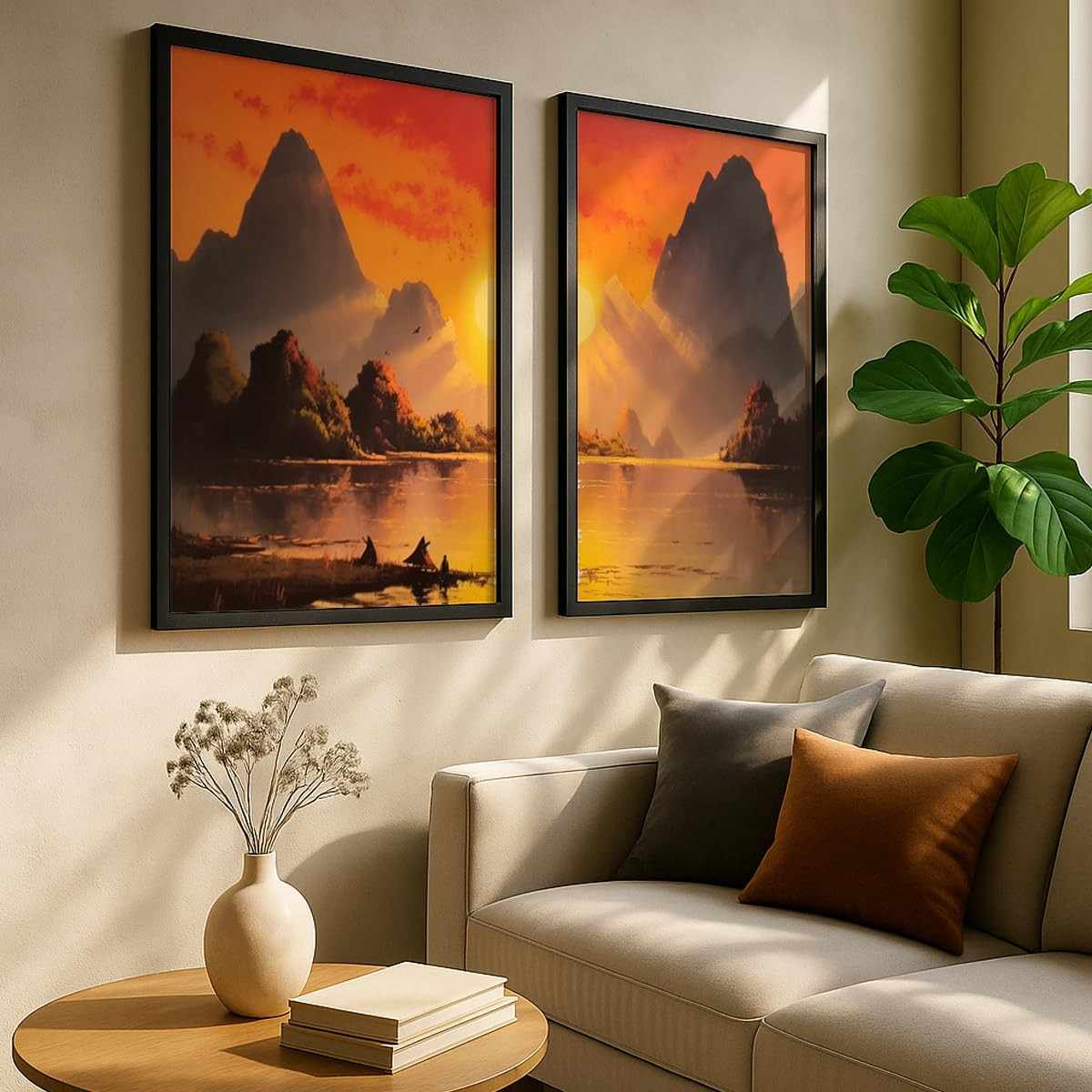 Kit 2 Quadros Decorativos Paisagem Laranja Pôr do Sol Montanhas Calma Natureza Sala Decorativa com Moldura