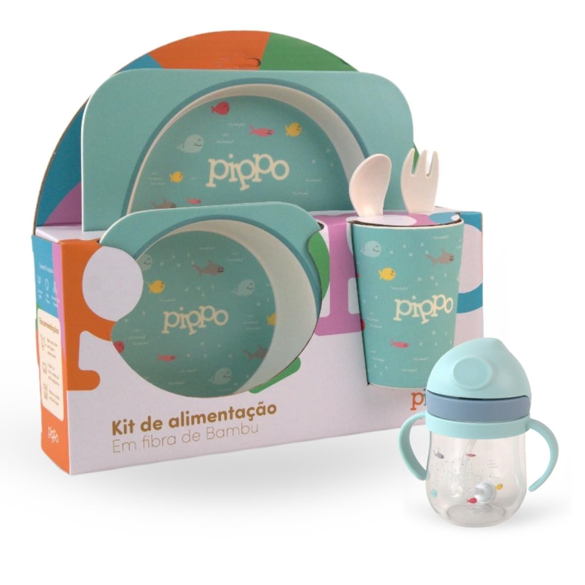 Kit Alimentação Fibra de Bambu - Prato, Bowl, Talheres e Copos Seguros para Bebês | Pippo Fundo do Mar