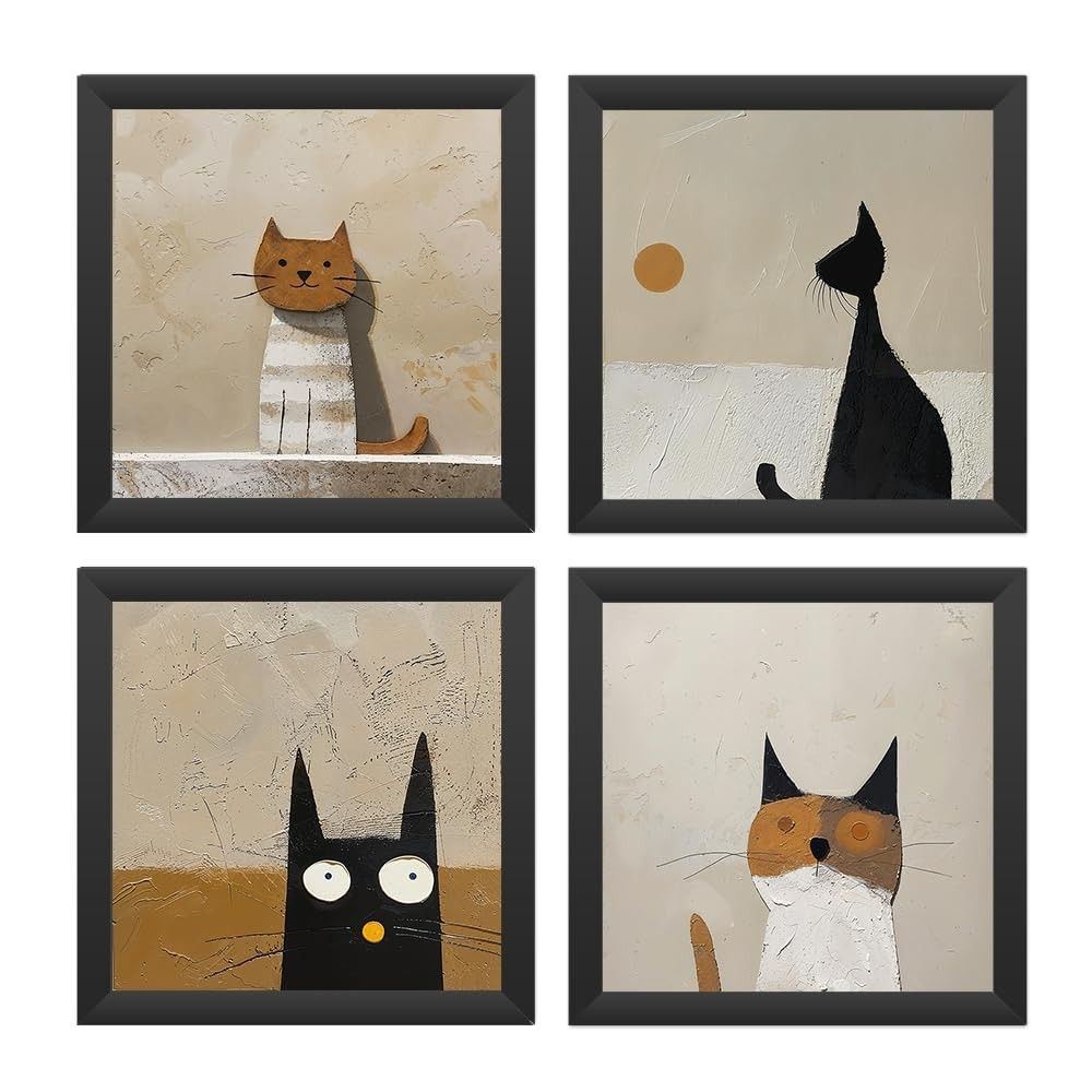 Kit 4 Quadros 18x18 cm com Arte de Gatos | Moldura Preta em Madeira Ecológica