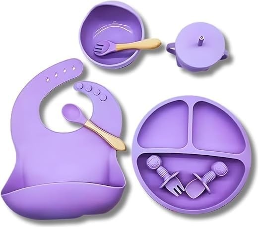 Kit Introdução Alimentar 8 Peças em Silicone - Prato Divisório, Babador, Copo e Talheres Seguros para Bebês
