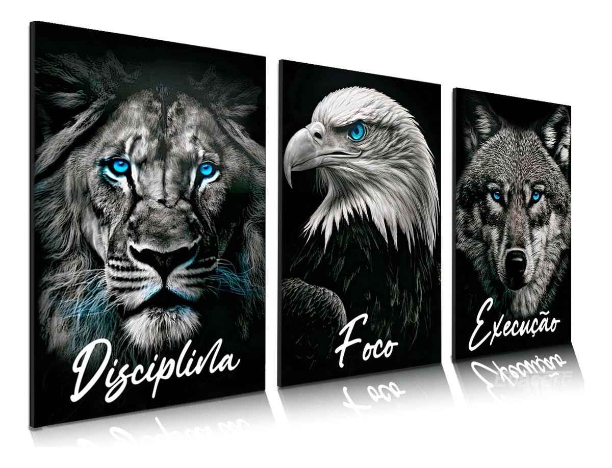 Quadro Decorativo 3 em 1 Leão Águia Lobo - Disciplina e Foco para Hall e Escritório