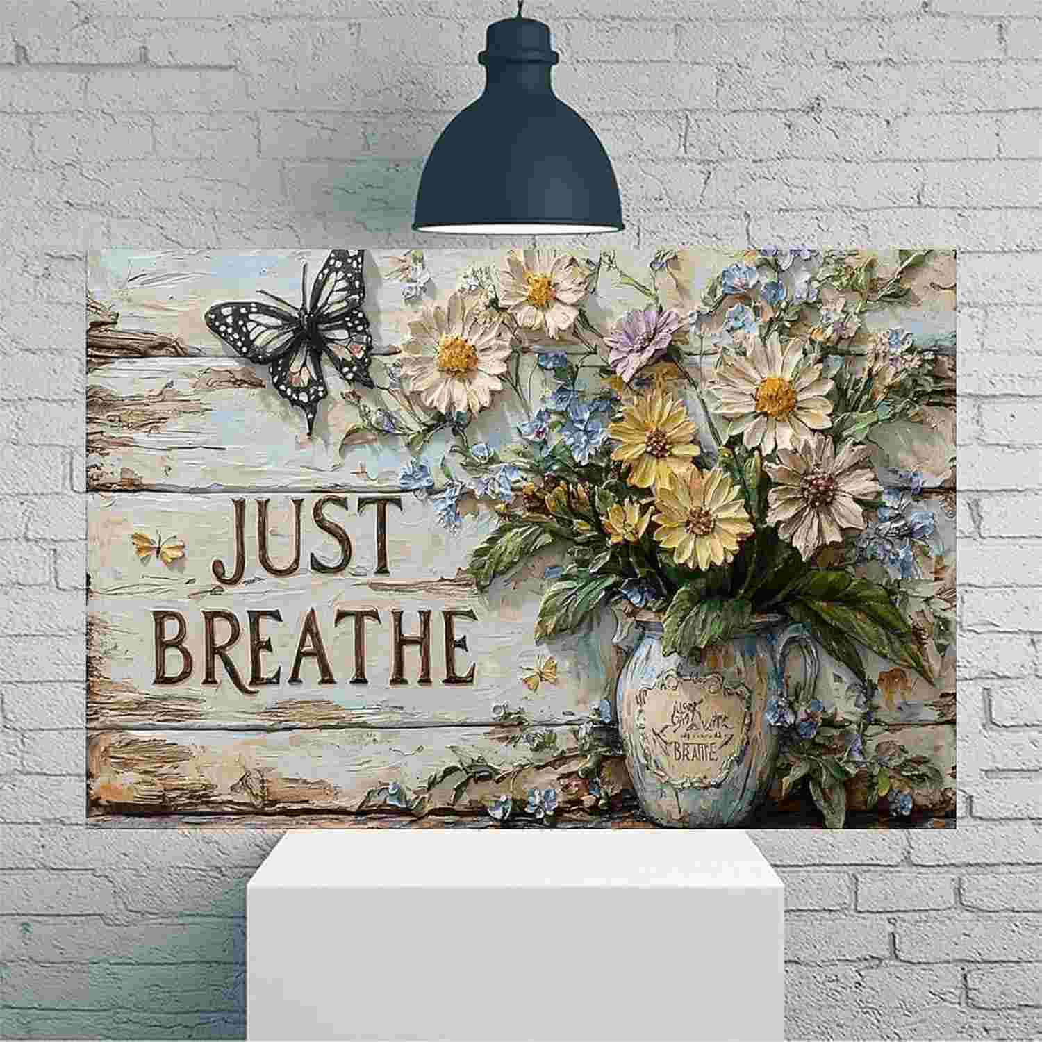 Pôster Flores Texturizadas com Borboleta em Vaso Rústico | Arte de Parede Vintage 30x45cm para Sala, Quarto e Escritório