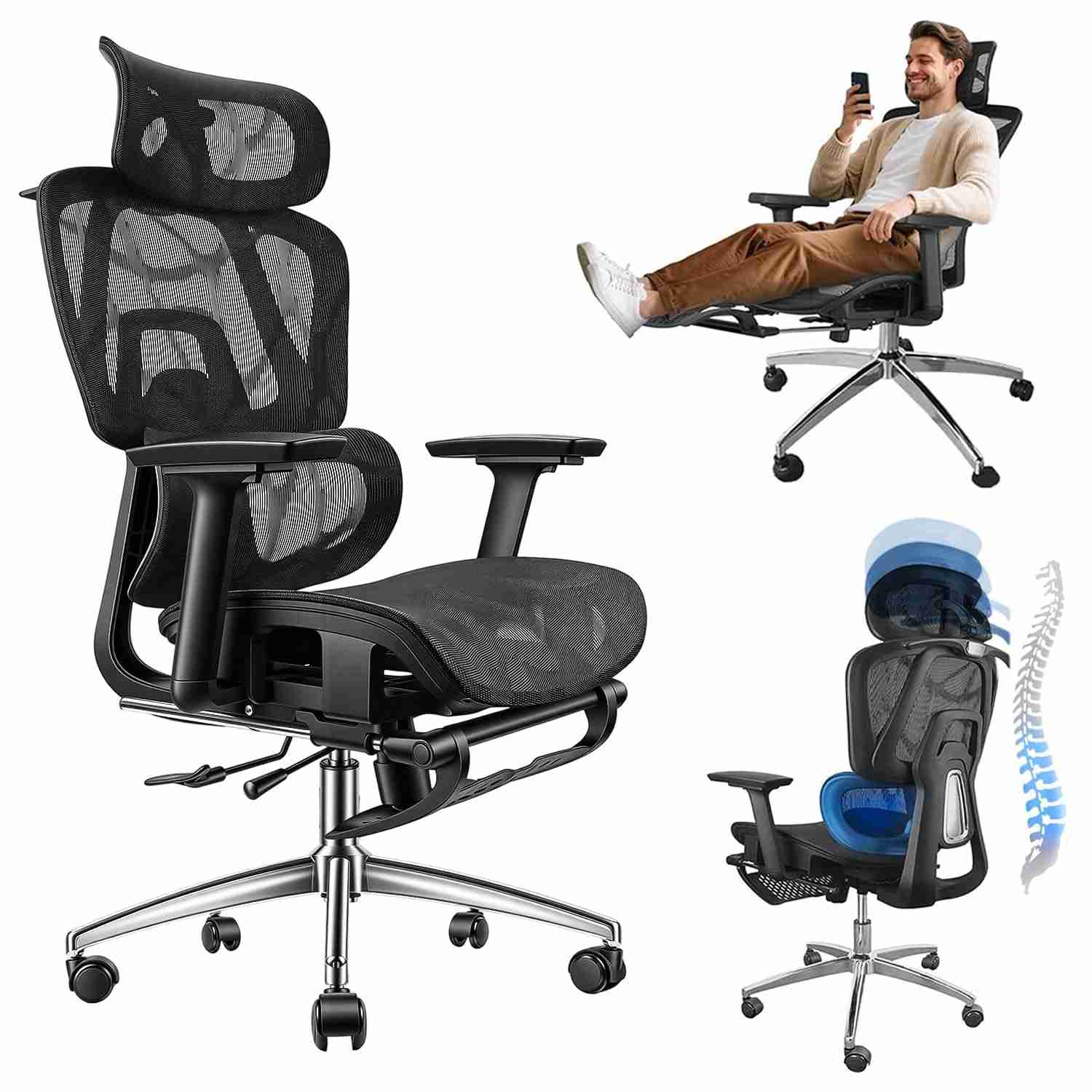 Cadeira Ergonômica de Escritório com Apoio para Pés | Encosto Ajustável 145°, Braços e Cabeça 3D, Suporte Lombar, Até 150kg