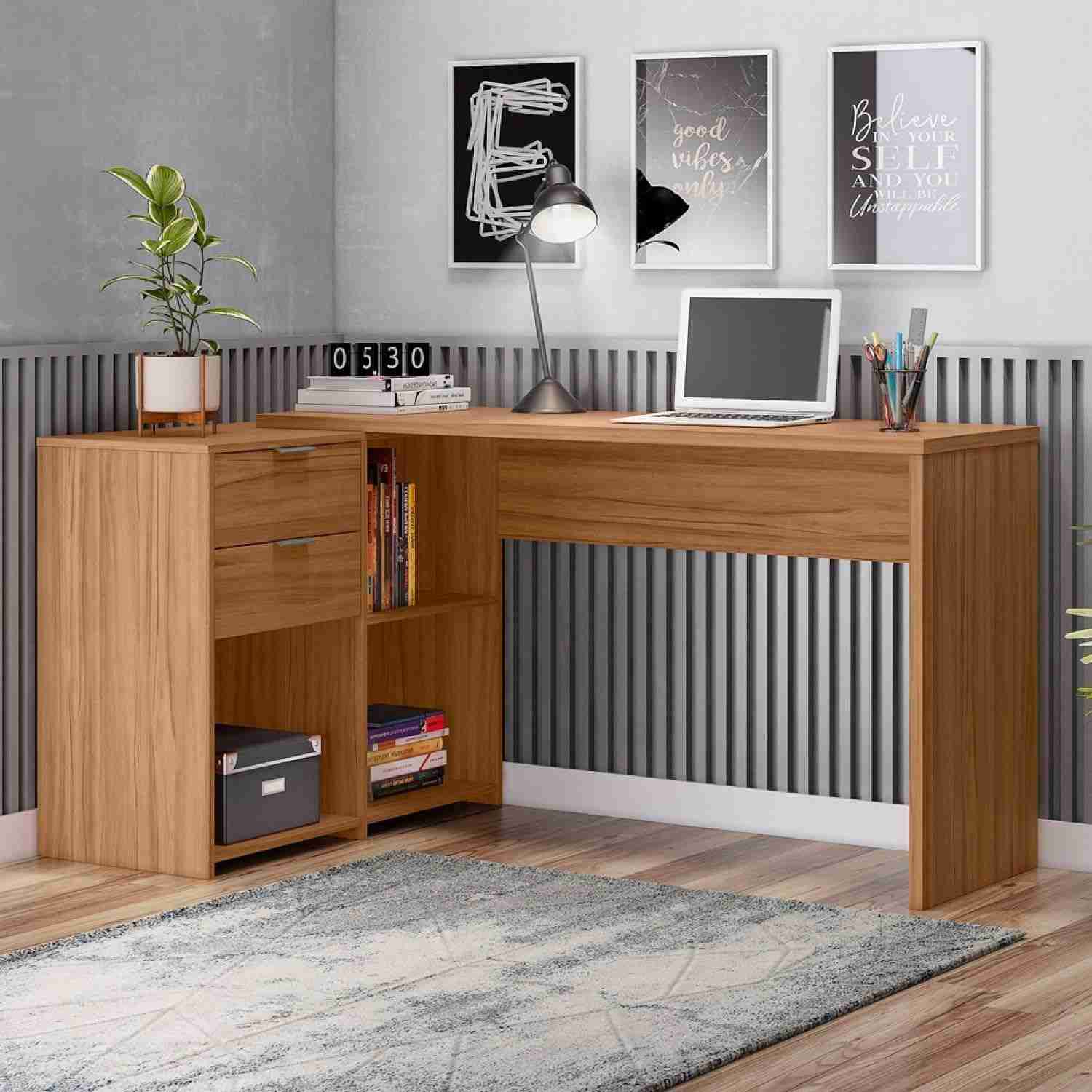 Mesa de Escritório em L com 2 Gavetas e 3 Nichos Office Nt 2060 Freijó Trend – Design Moderno e Funcionalidade