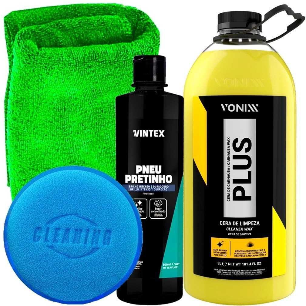 Kit Essencial Vonixx: Limpador Plus 3L, Pretinho Vintex e Acessórios Karbox para Detalhamento Profissional