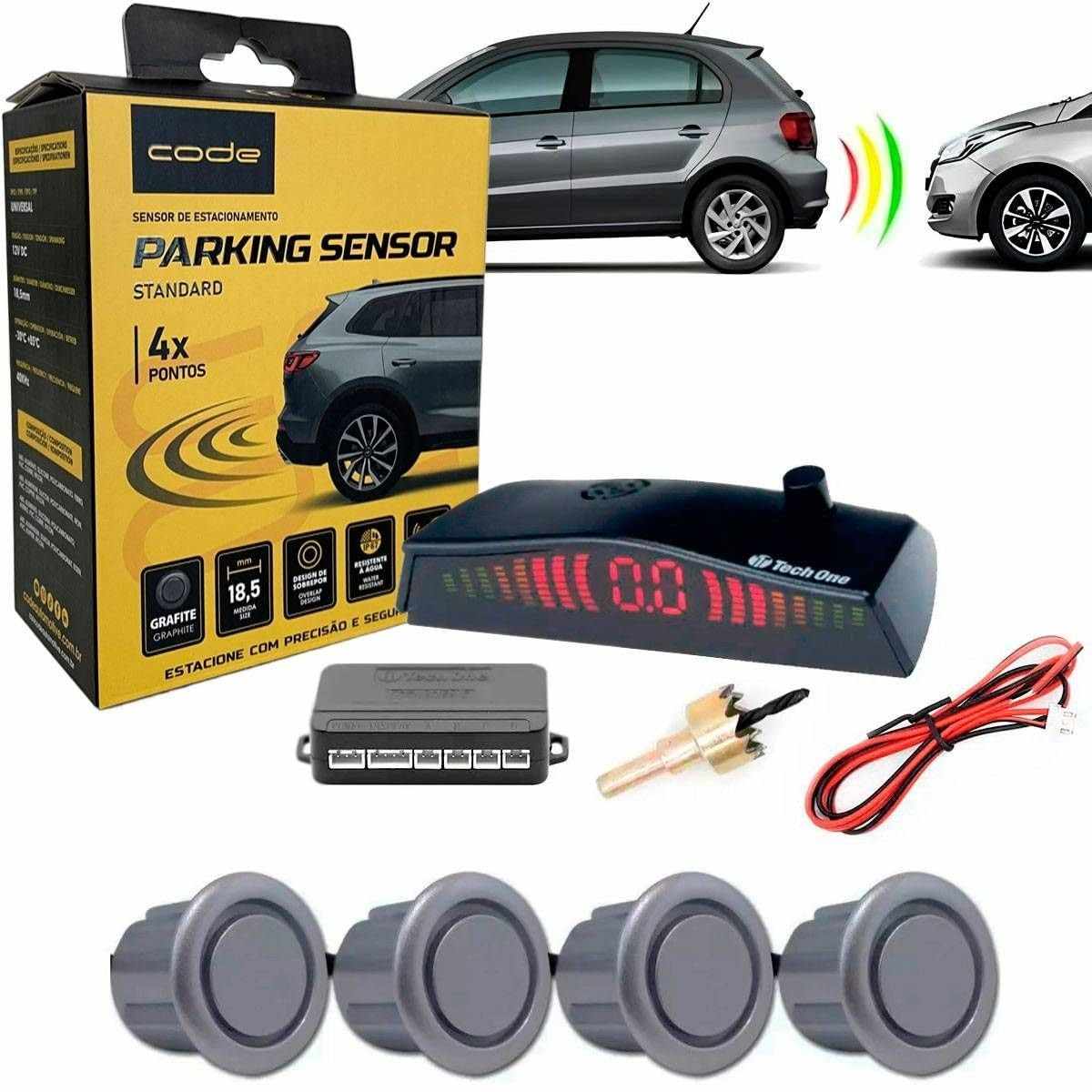 Sensor de Estacionamento 4 Pontos Grafite com Display LED e Sinal Sonoro - Segurança Total!