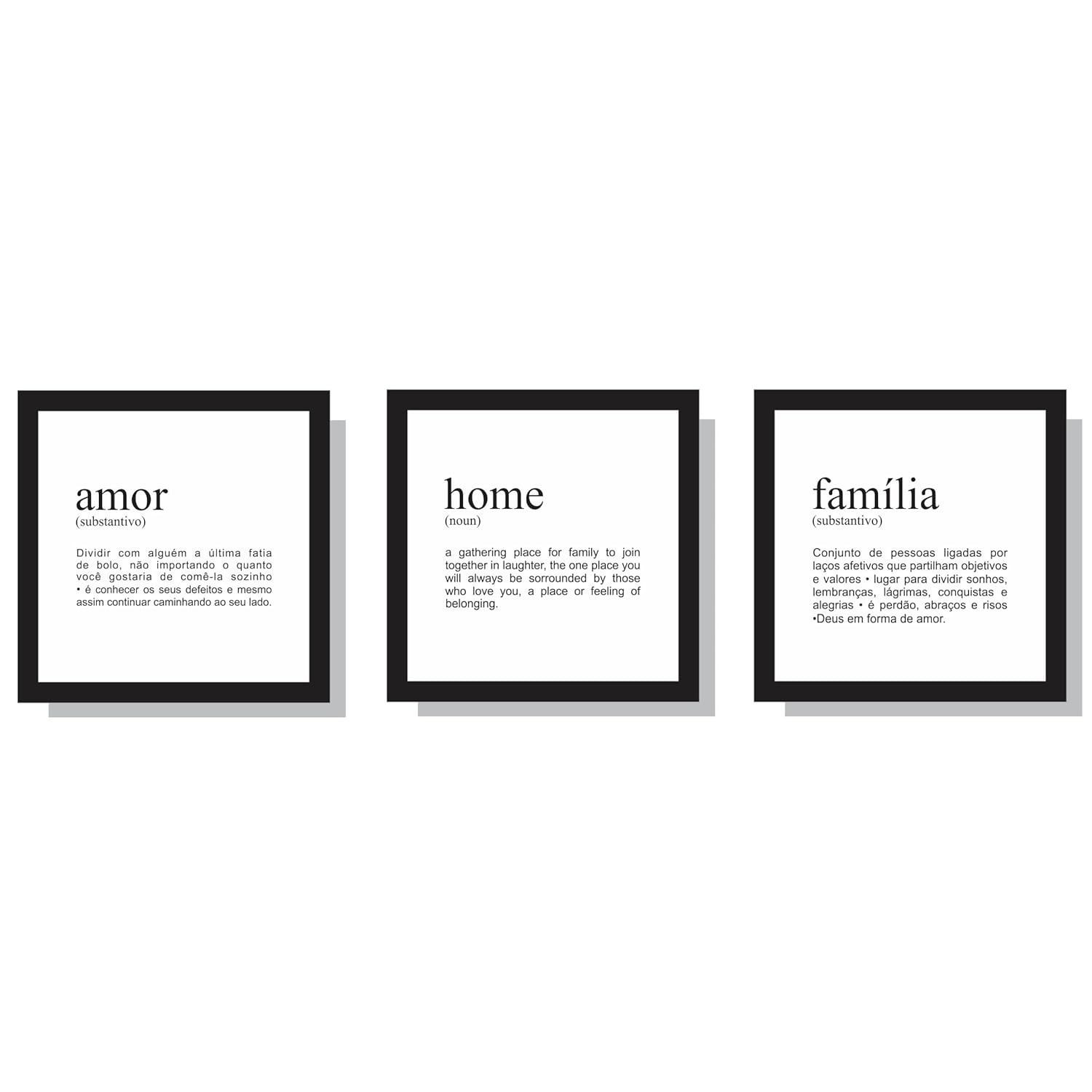 Quadros Decorativos Amor Família - 3 Peças 30x30cm em MDF Preto