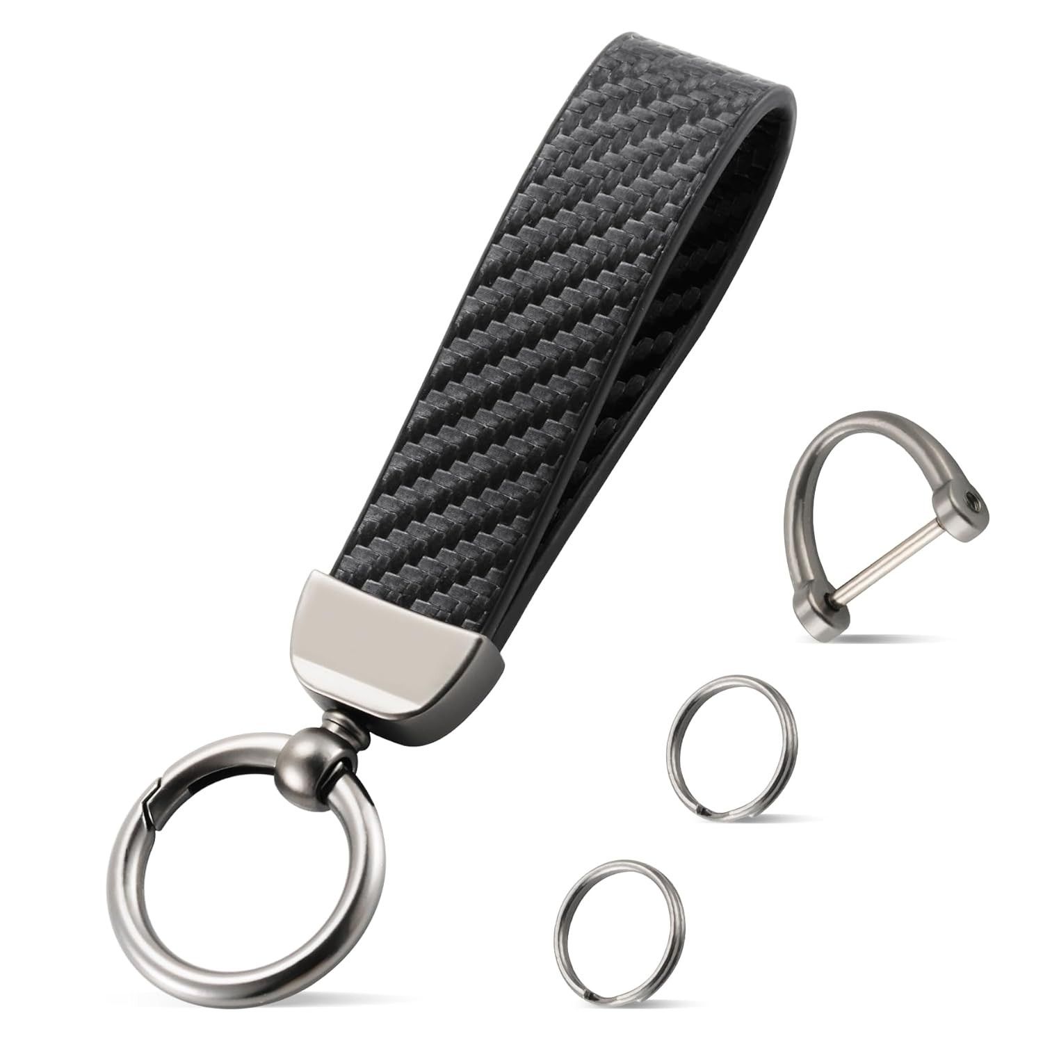 JUSTTOP Chaveiro de couro, chaveiro de carro de fibra de carbono com anel D antiperda e 2 chaveiros, acessórios para carro (preto)