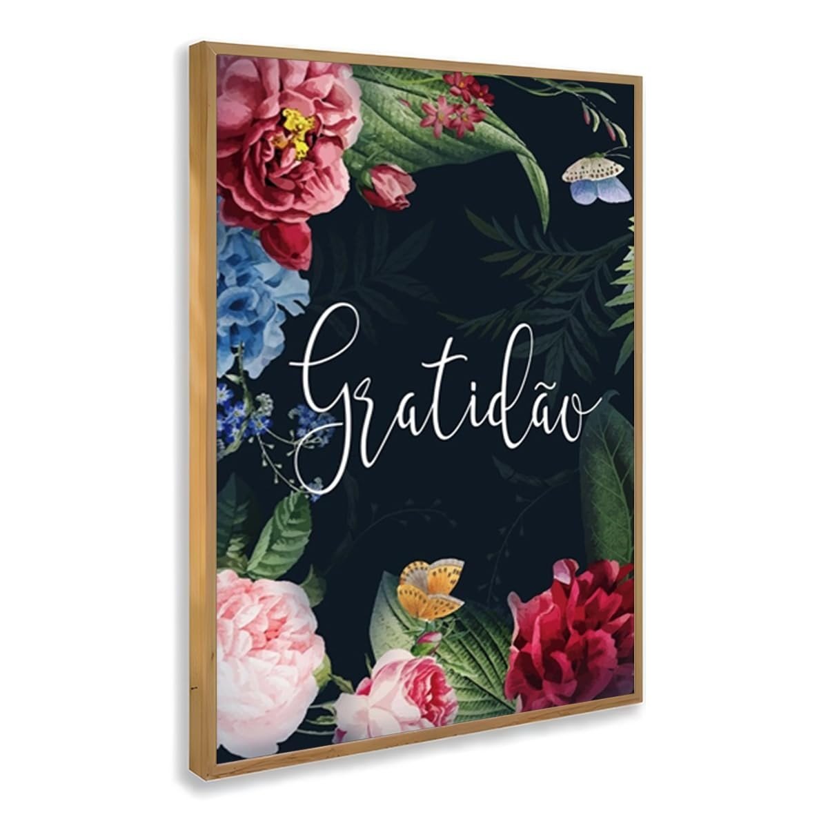 Quadro Decorativo Gratidão Floral com Moldura - Frase Inspiradora sobre Fé, Amor e Esperança
