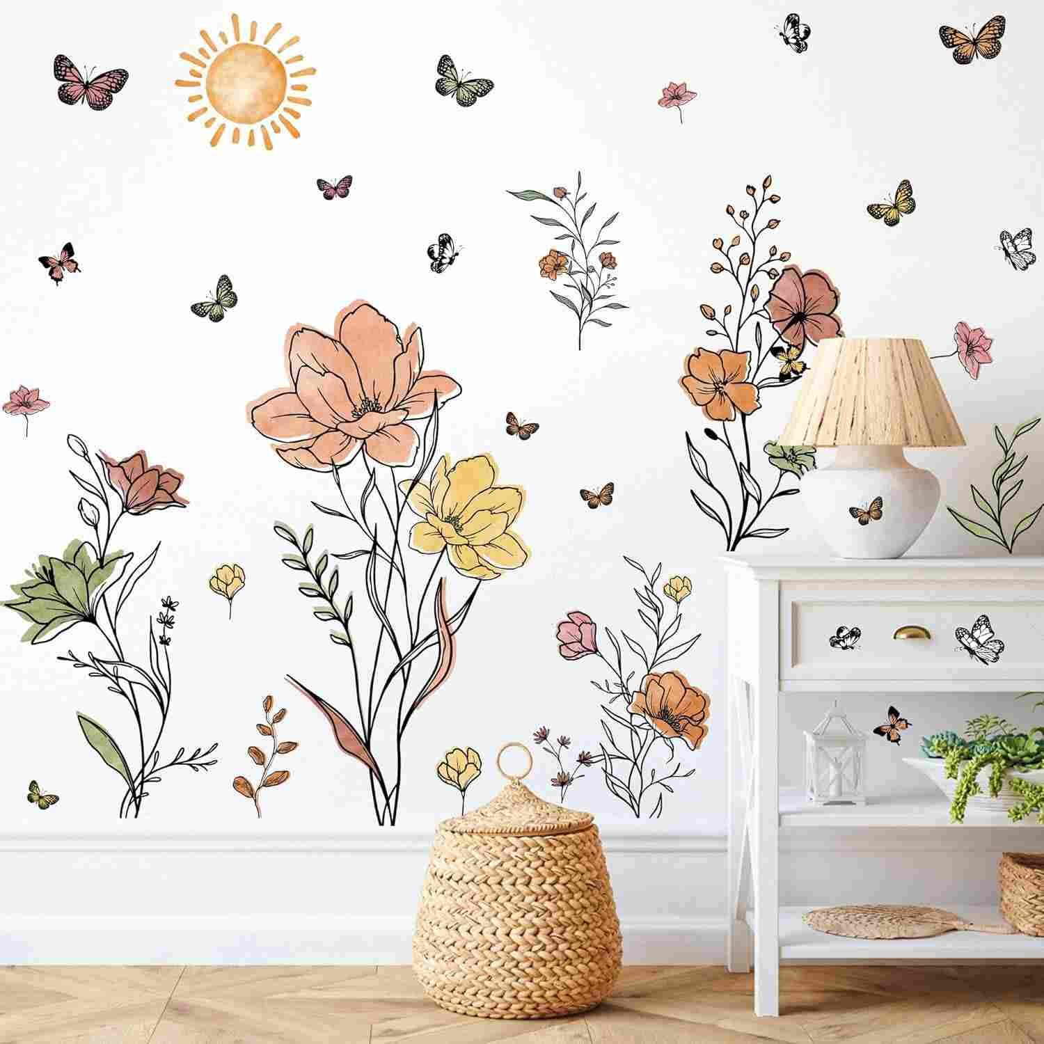 Decalques de Parede Boho Aquarela - Flores, Borboletas e Sol para Decoração Moderna