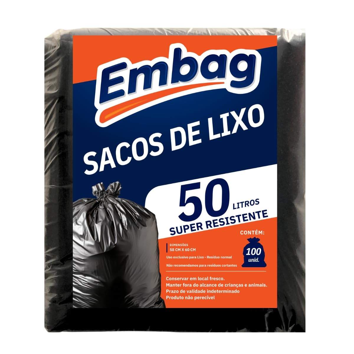 Saco para Lixo Resistente 50L com Fundo Reforçado - Pacote com 100 Unidades