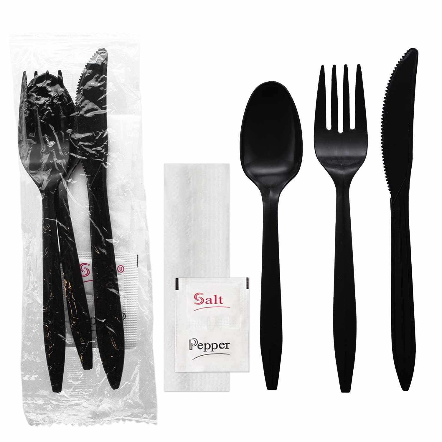 Party Essentials - Talheres Descartáveis Embalados Individualmente | Kit Completo com Garfos, Facas, Guardanapos e Temperos