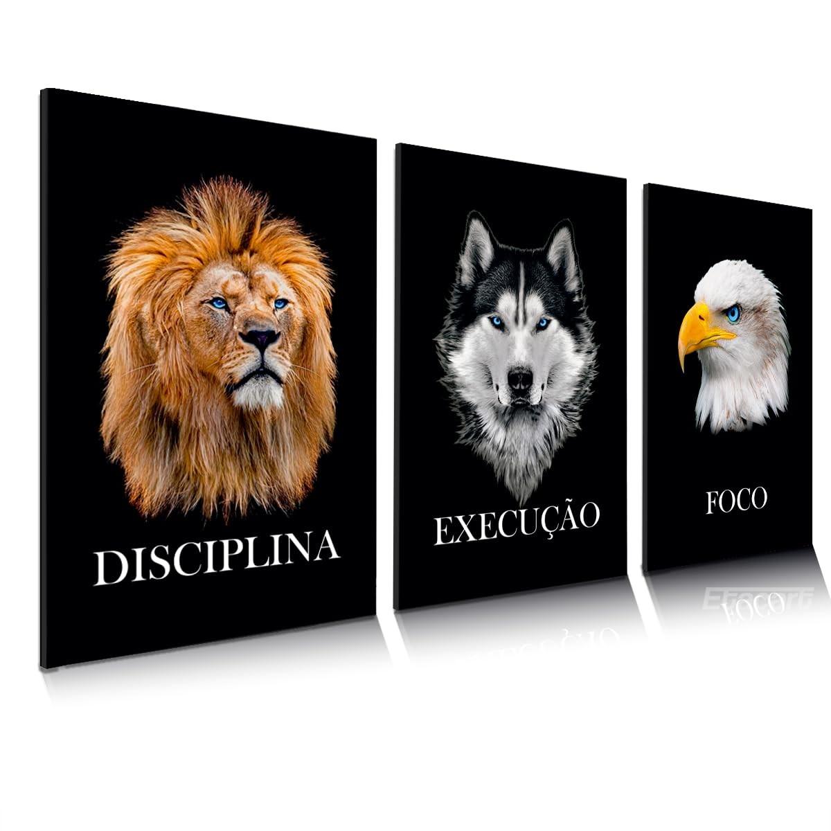 Quadro Decorativo Grande Moderno com Tema Animal para Escritório e Sala - Design Leão, Águia e Lobo