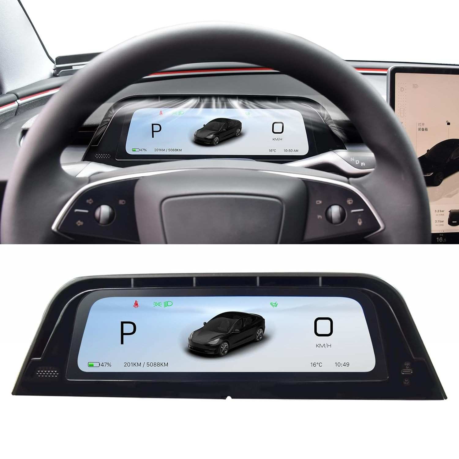 Monitor HUD 9.7" p/ Tesla Model 3 Highland 2024: CarPlay/Android Auto Sem Fio, Alerta Ponto Cego e Mais!