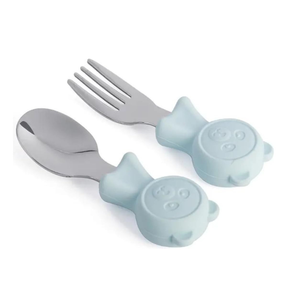 Kit Talher Infantil em Inox com Silicone Alimentar – Garfo e Colher Seguros para Bebês (Azul)