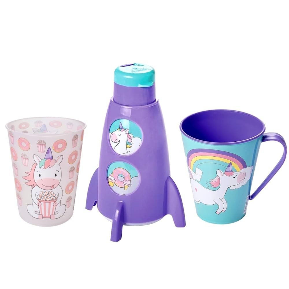 Kit Unicórnio Menina - Copo, Garrafa Foguete Giratória e Xícara Infantil