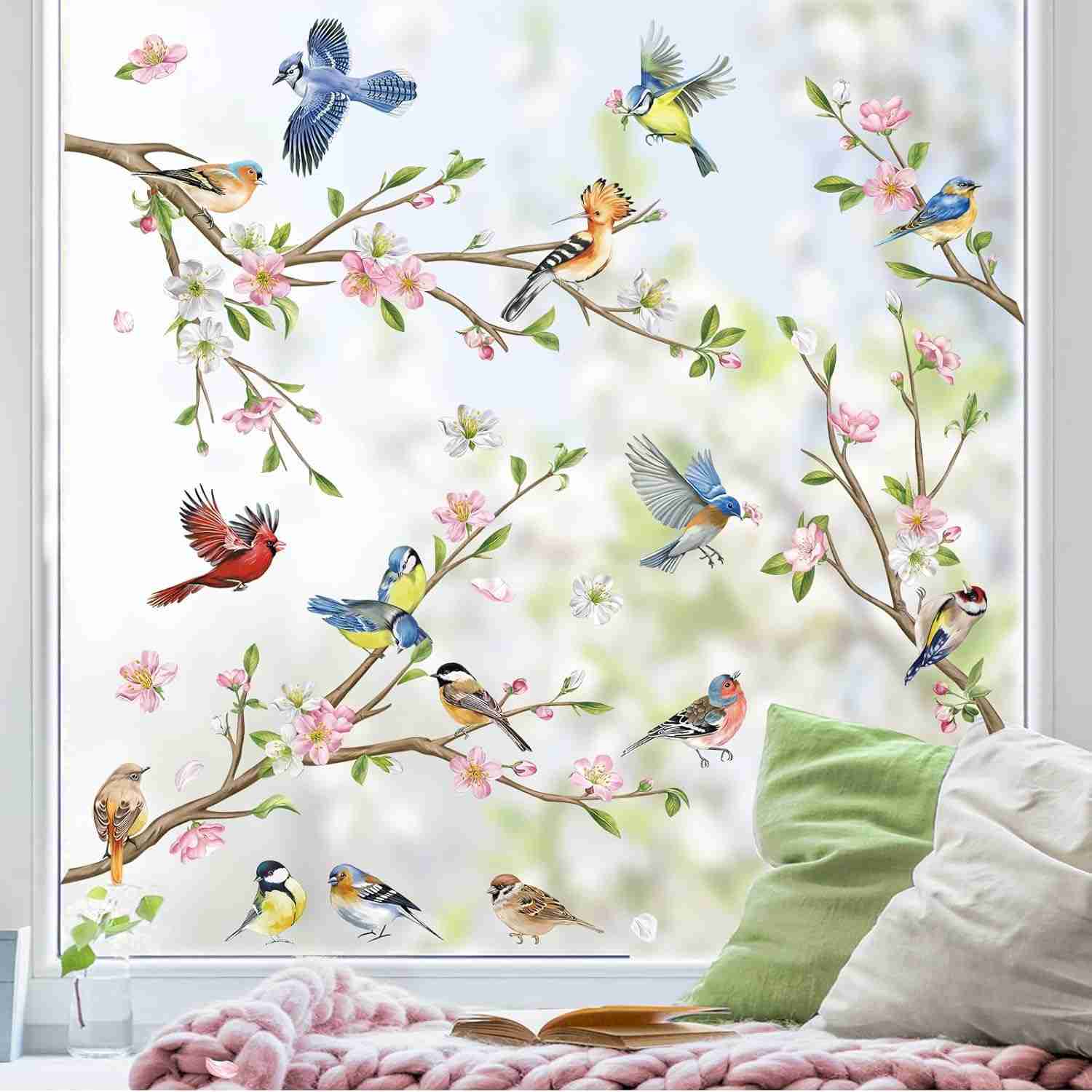 Adesivos de Janela com Design de Galho e Pássaros - Decalques Decorativos para Vidro com Efeito Estático