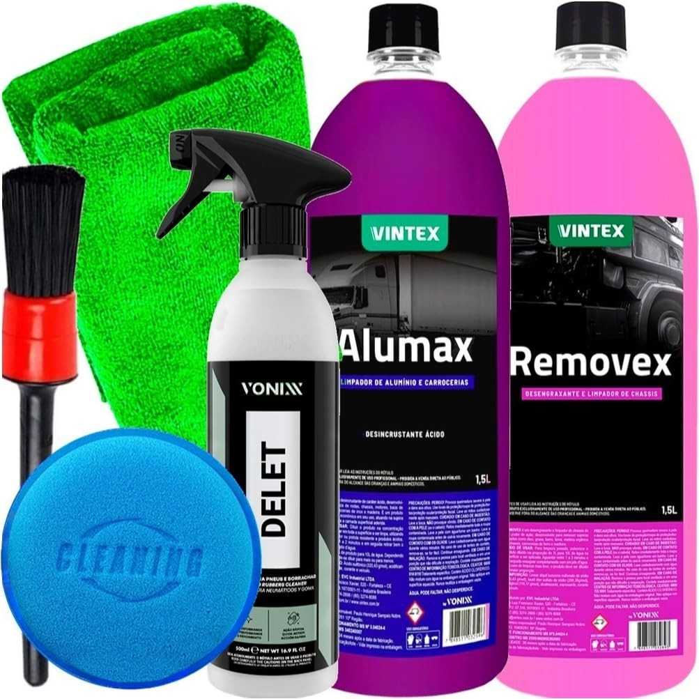 Kit Completo Detalhamento Automotivo: Alumax, Removex, Delet, Vonixx, Karbox e Toalha Microfibra