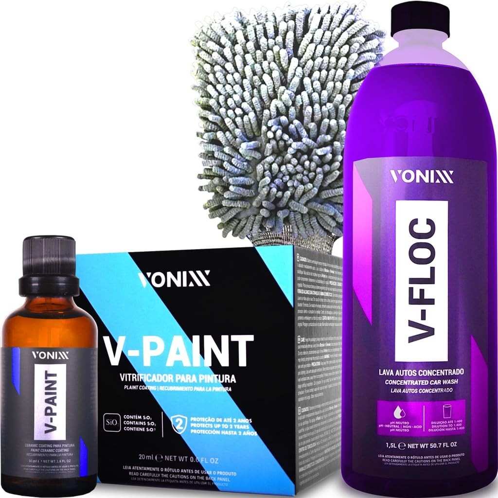 Kit Automotivo Premium: Shampoo V-Floc 1,5L + V-Paint 20ml + Luva Microfibra - Vonixx & Karbox