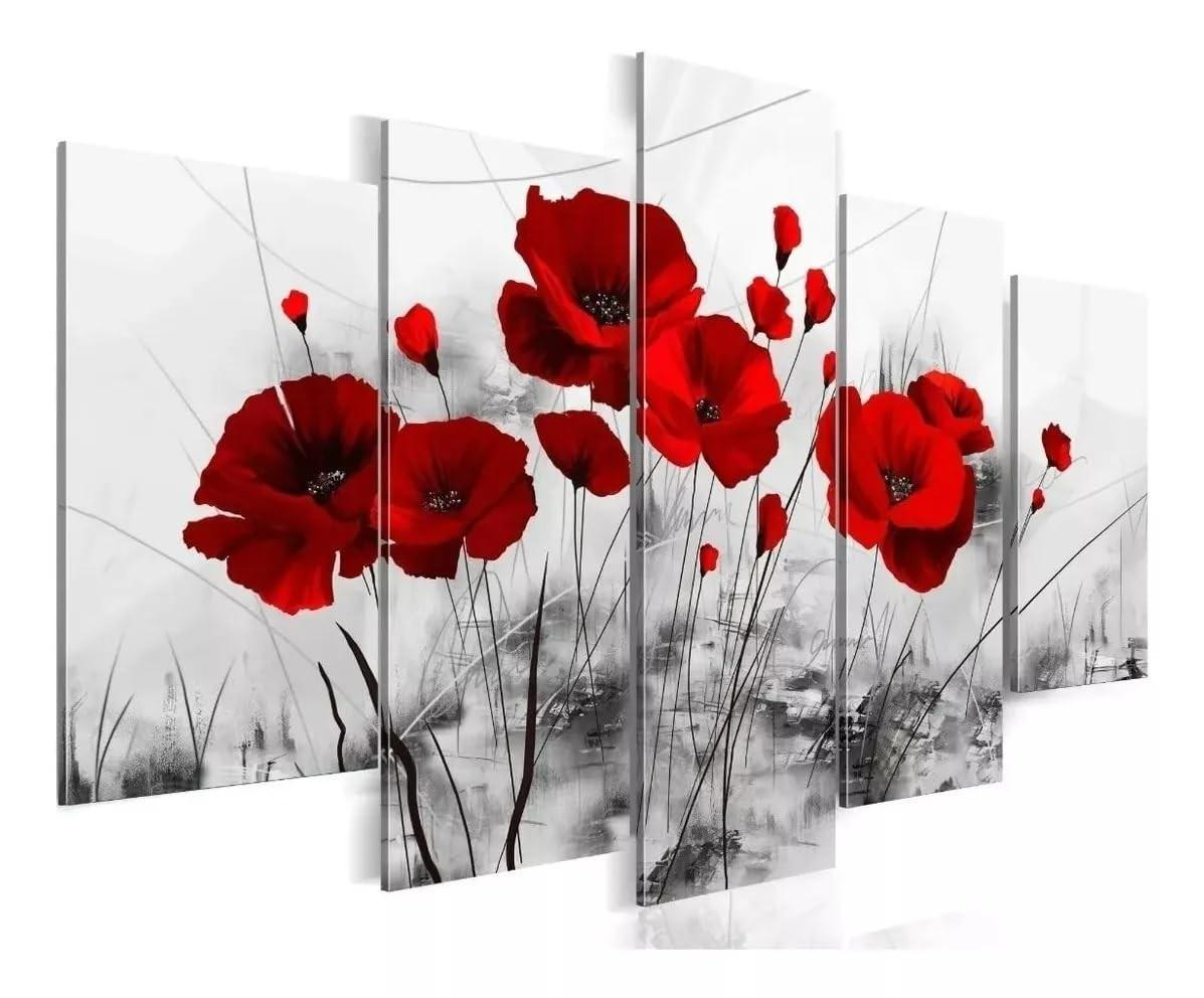 Kit 5 Quadros Decorativo Papoula Vermelha - Design Premium para Sala e Quarto