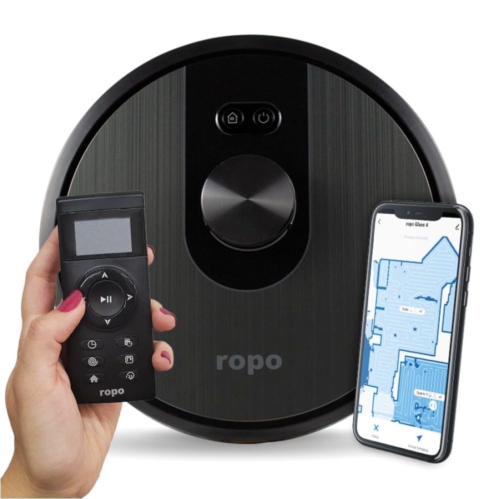Robô Aspirador Ropo Glass 4 Preto – 4 em 1 com Mapeamento a Laser, Lâmpada UV e Limpeza Inteligente